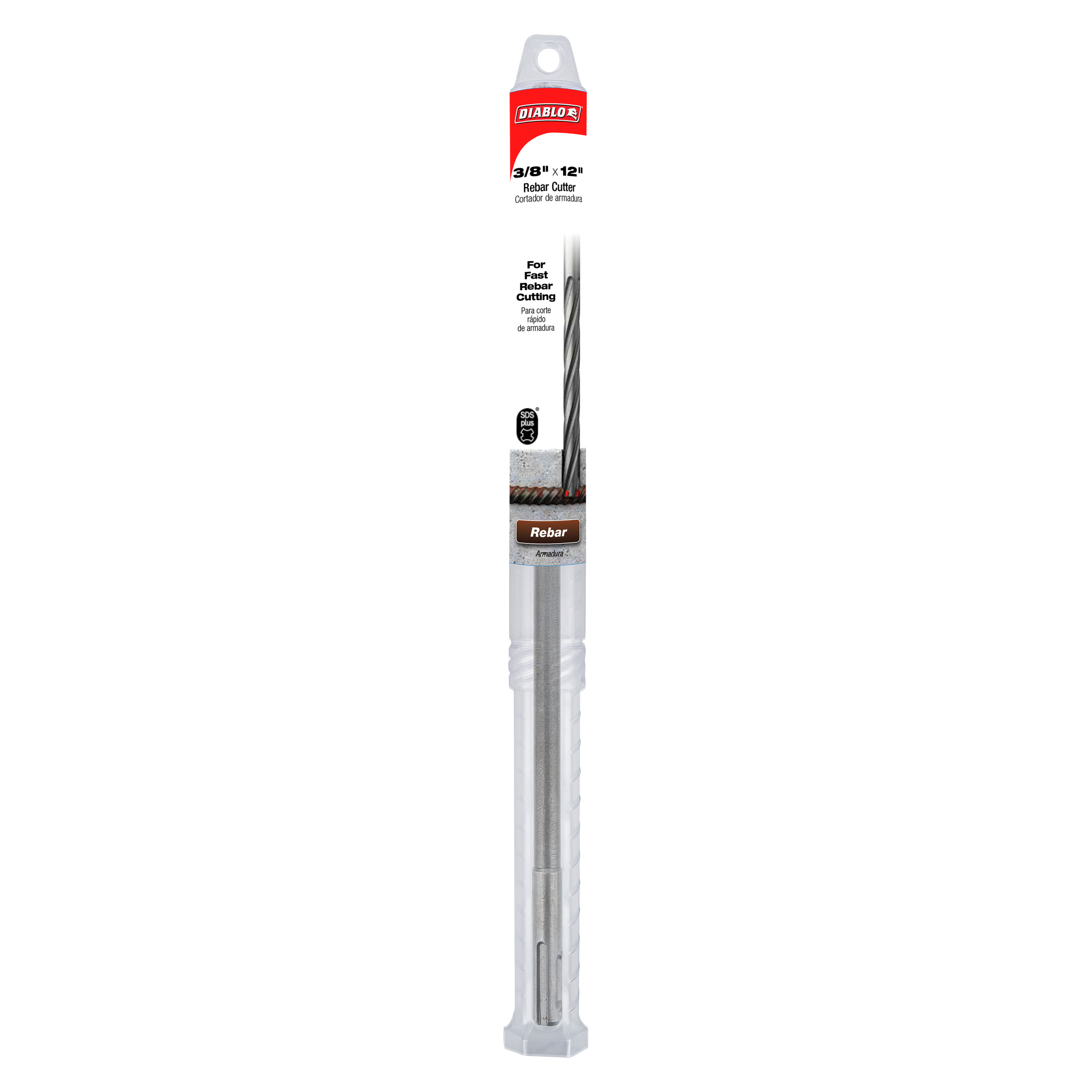 Diablo SDS-Plus rebar cutter bit with 3/8 inch diameter and 12 inch length, displayed in packaging.