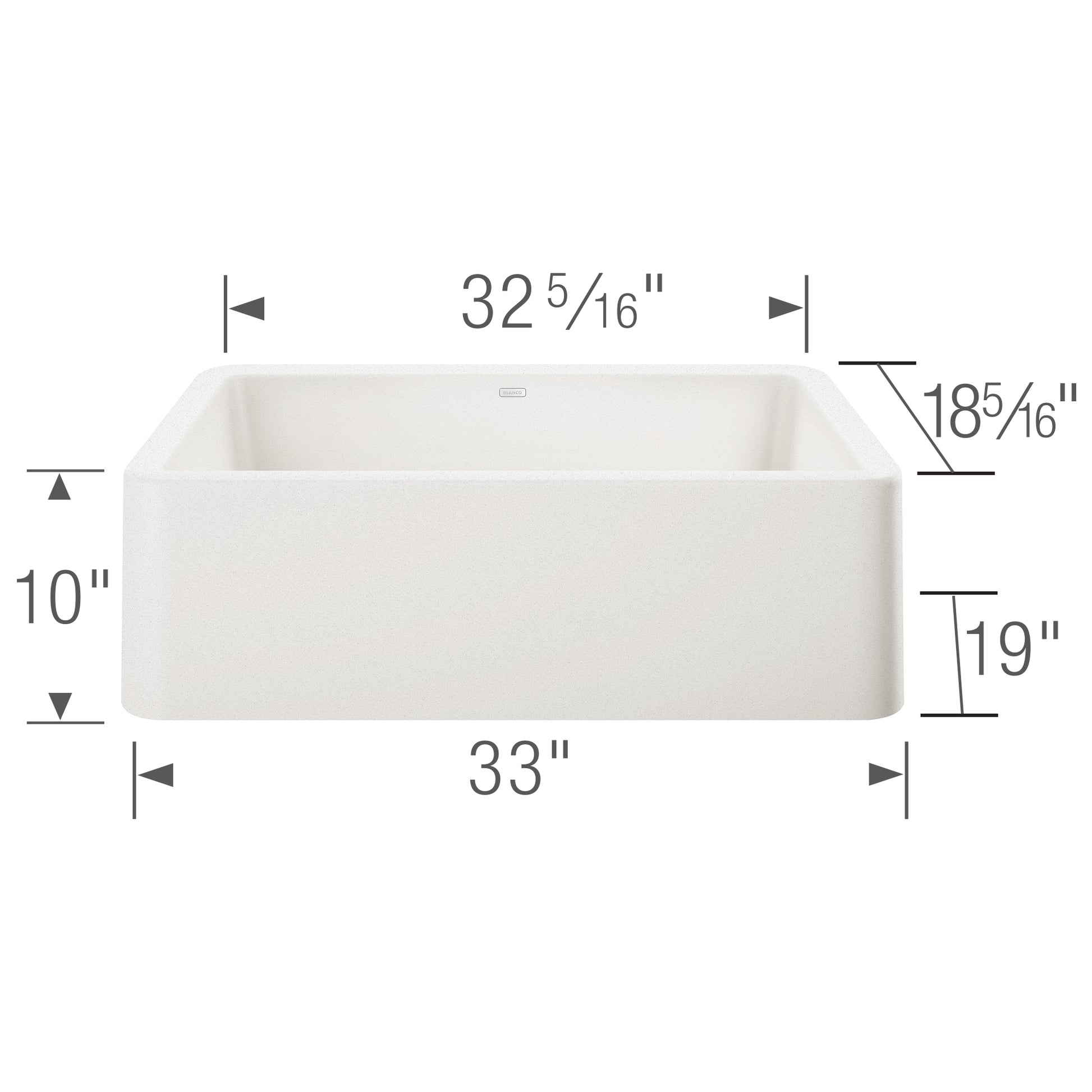 White rectangular apron front kitchen sink with dimensions marked, 33 inches wide and 10 inches deep.