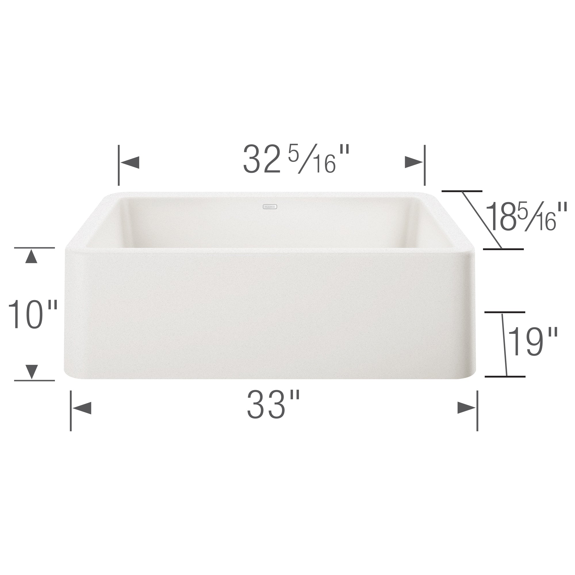 White rectangular apron front kitchen sink with dimensions marked, 33 inches wide and 10 inches deep.