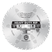 16" circular saw blade with 36 teeth, 1" arbor hole, flat kerf design, and Freud branding on silvered steel surface.