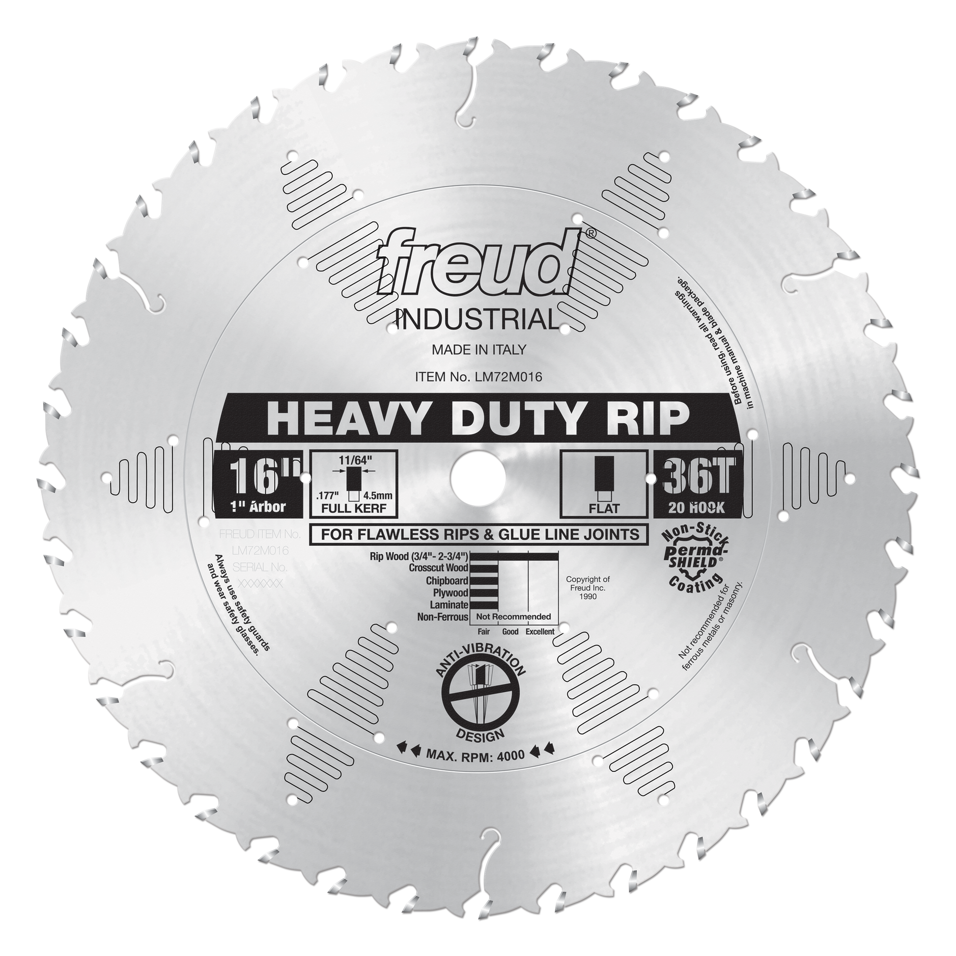 16" circular saw blade with 36 teeth, 1" arbor hole, flat kerf design, and Freud branding on silvered steel surface.