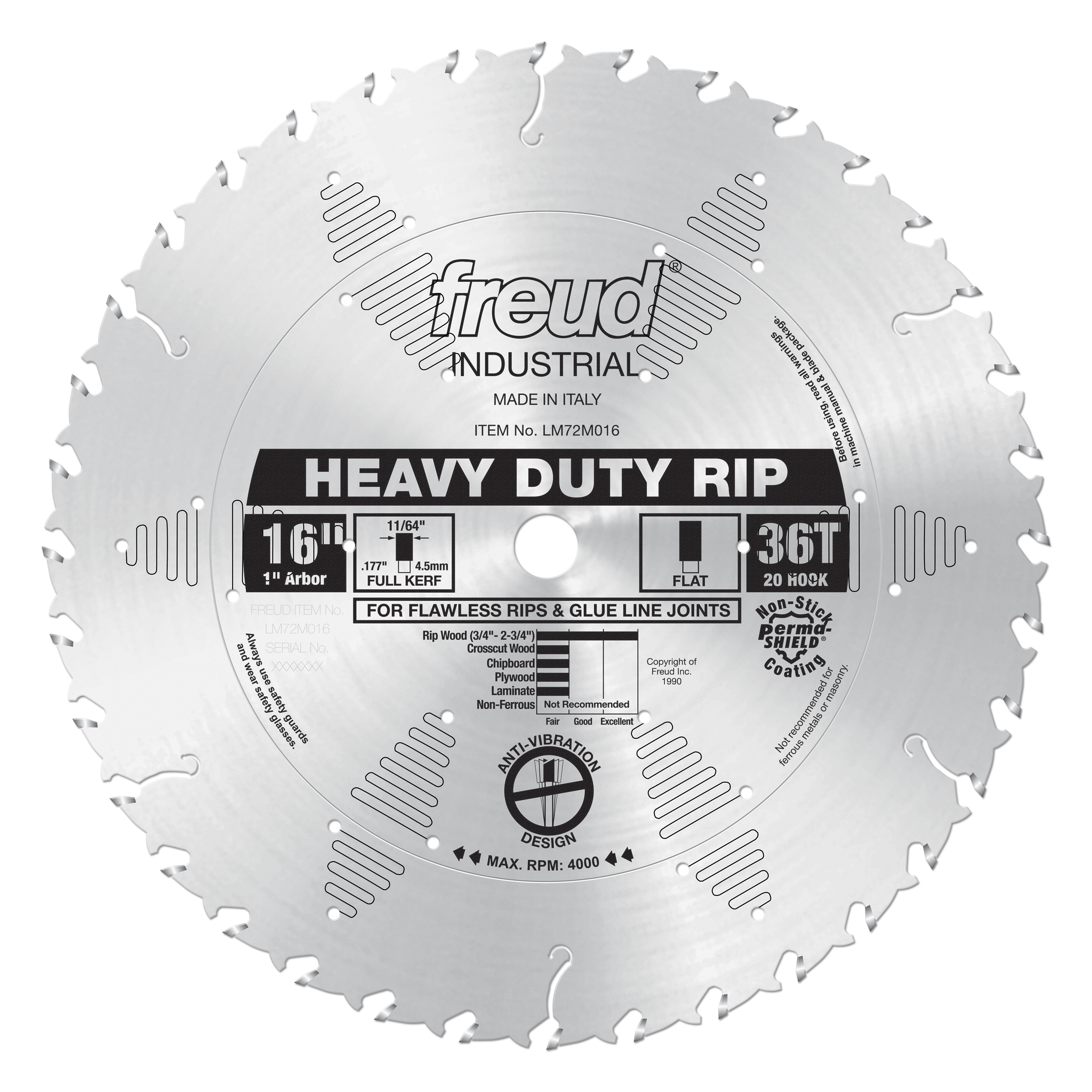 16" circular saw blade with 36 teeth, 1" arbor hole, flat kerf design, and Freud branding on silvered steel surface.
