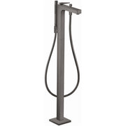Brushed black chrome freestanding tub filler with curved spout, integrated handshower, and flexible hose.