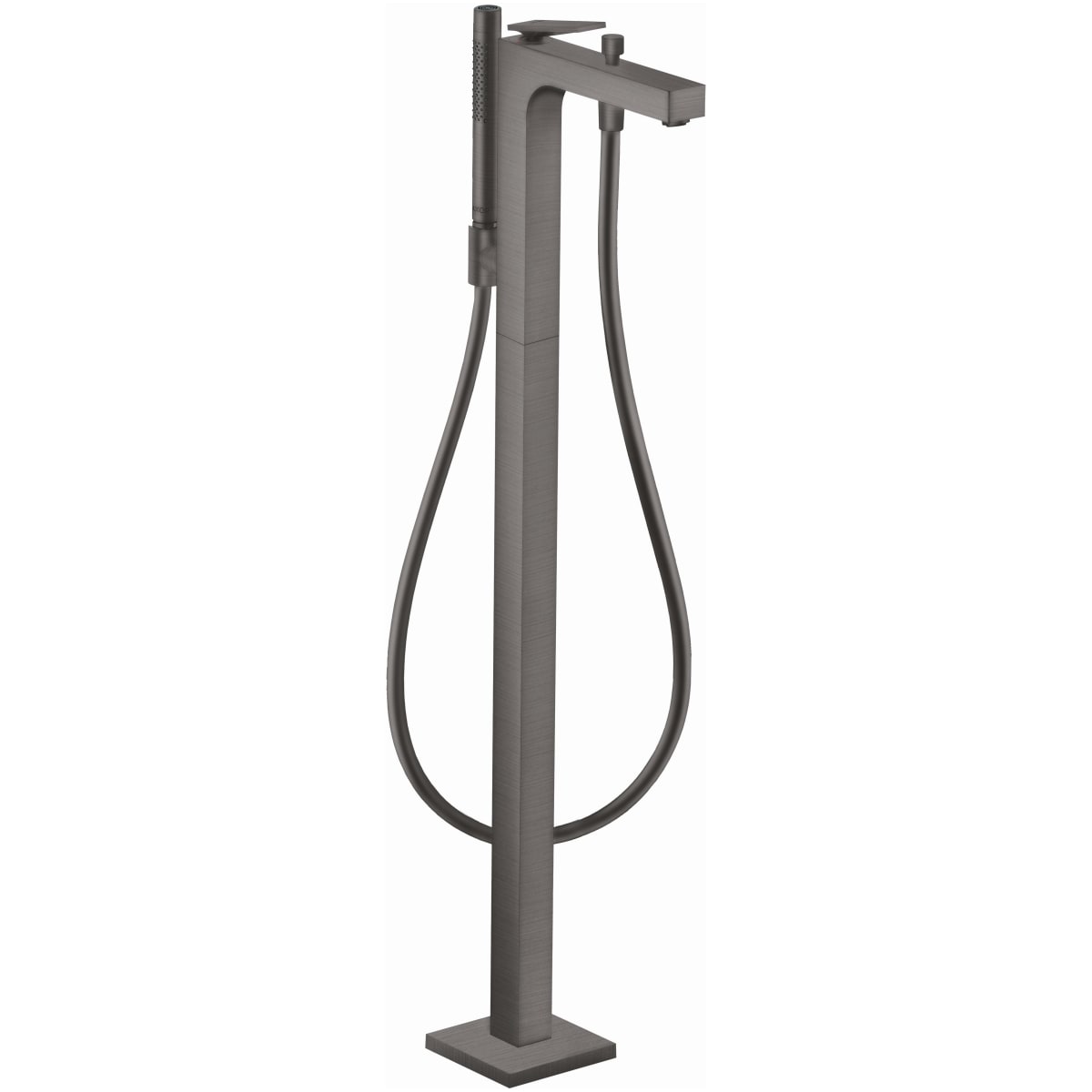 Brushed black chrome freestanding tub filler with curved spout, integrated handshower, and flexible hose.
