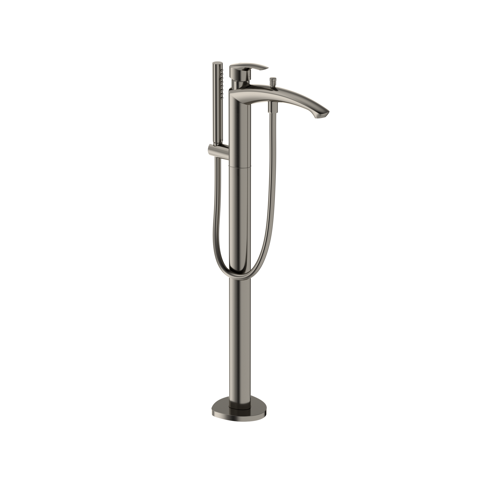 Polished nickel freestanding tub filler with single handle, curved spout, and attached handshower with hose.