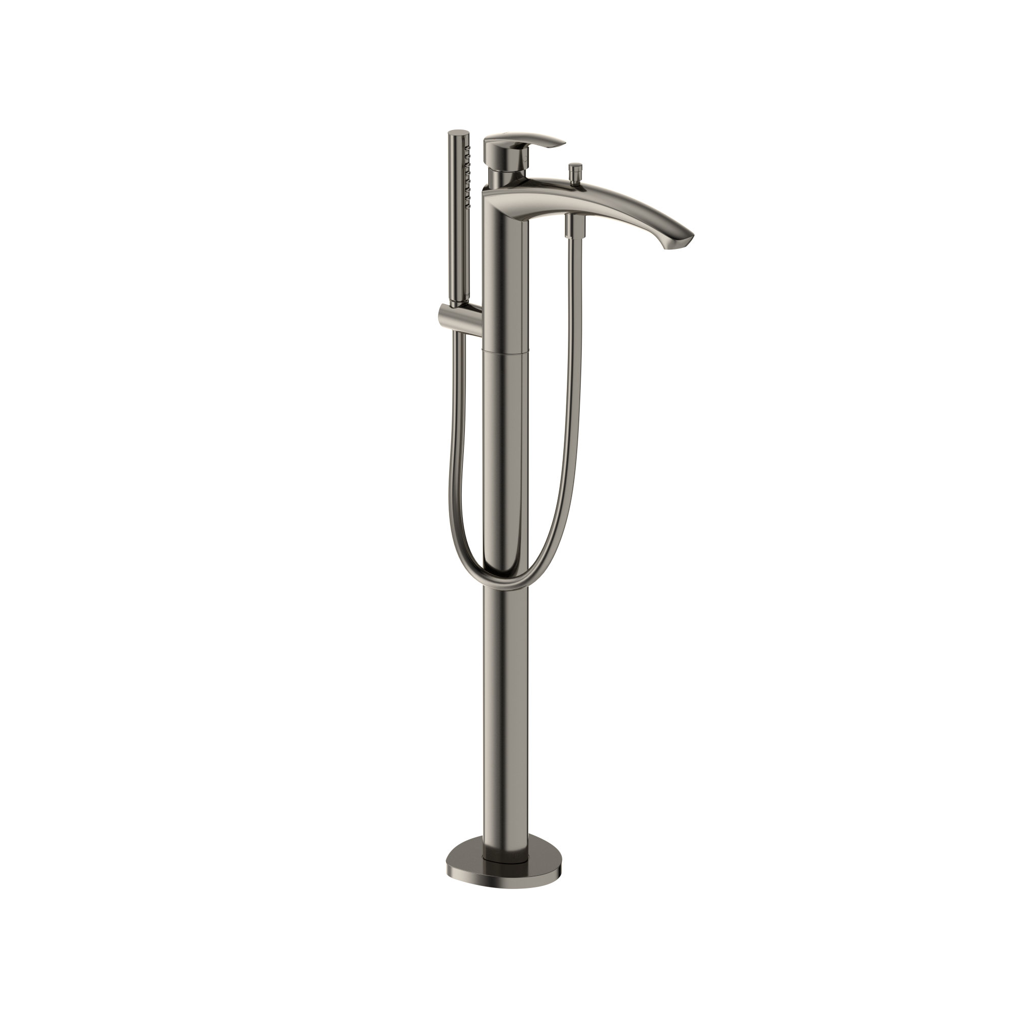 Polished nickel freestanding tub filler with single handle, curved spout, and attached handshower with hose.