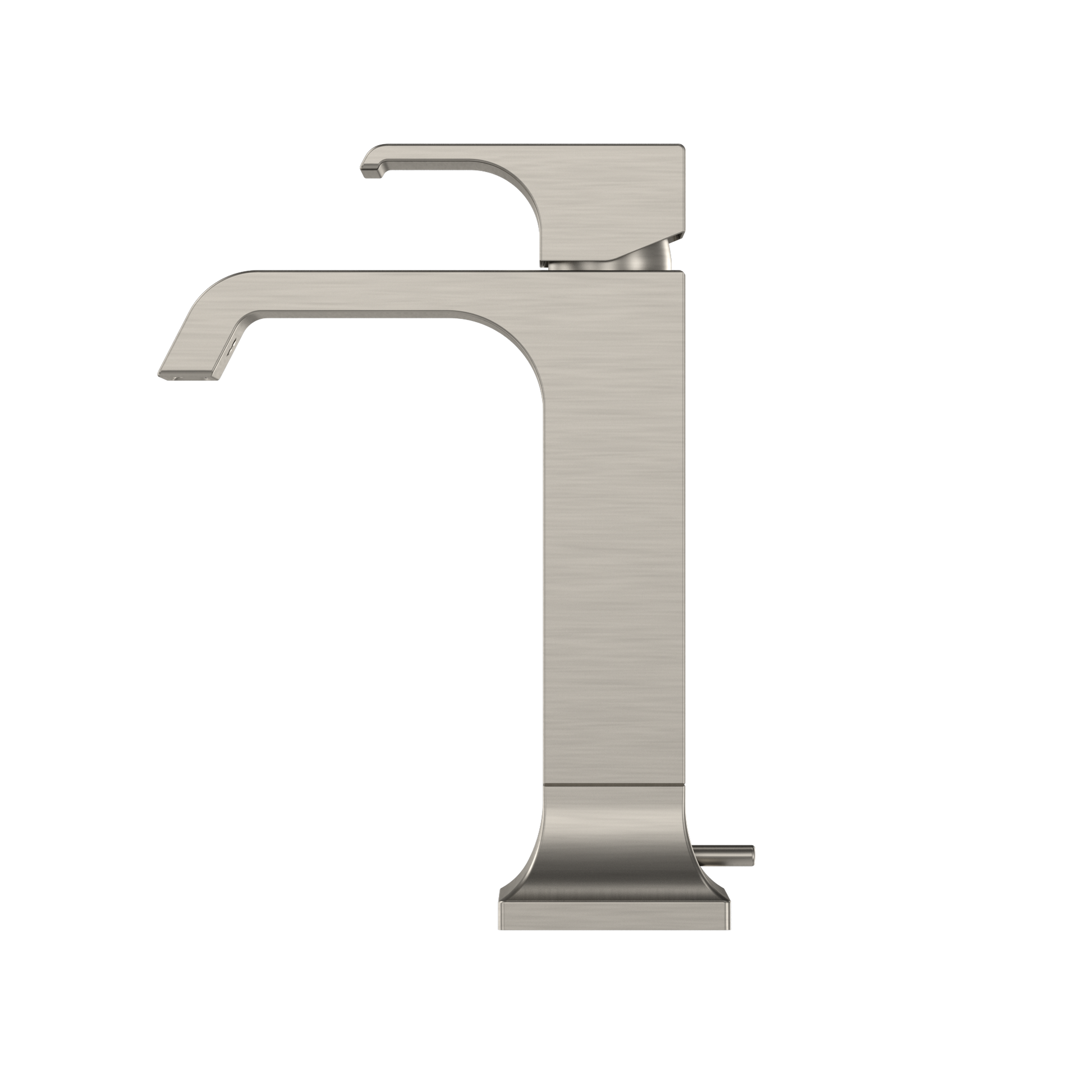 Brushed nickel single-handle bathroom faucet with curved spout and rectangular base.