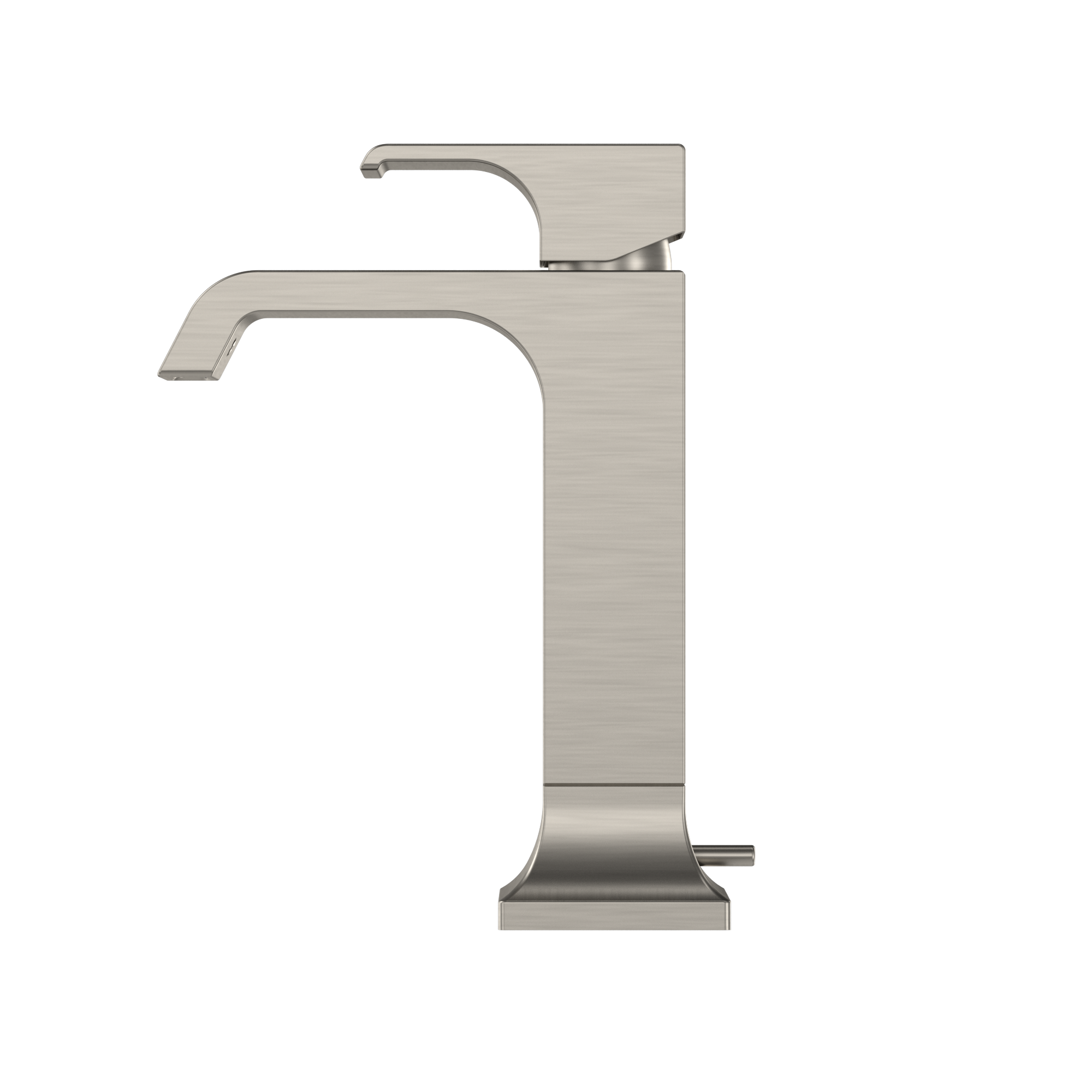 Brushed nickel single-handle bathroom faucet with curved spout and rectangular base.