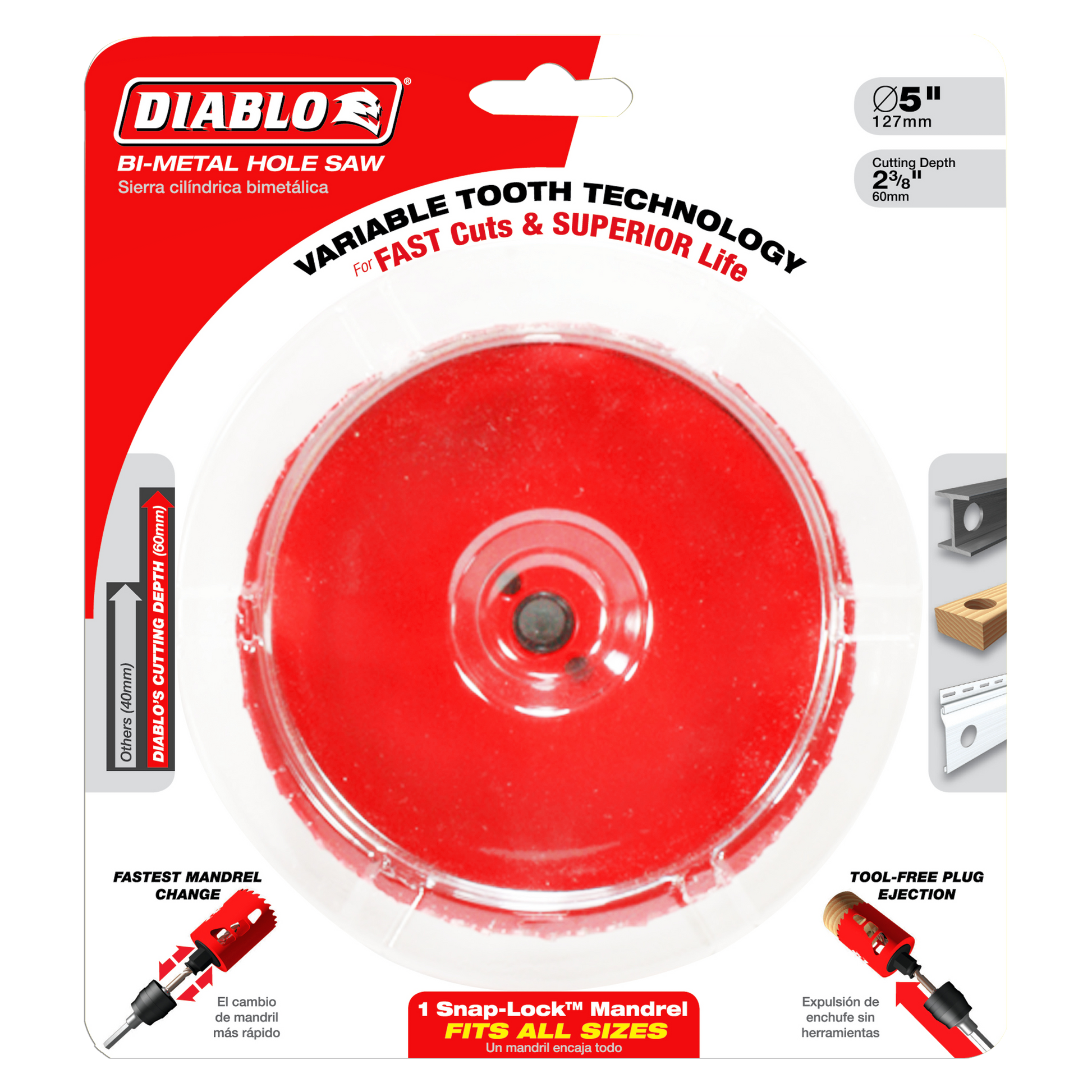 Red bi-metal hole saw with variable tooth technology, 5 inch diameter, 2 3/8 inch cutting depth.