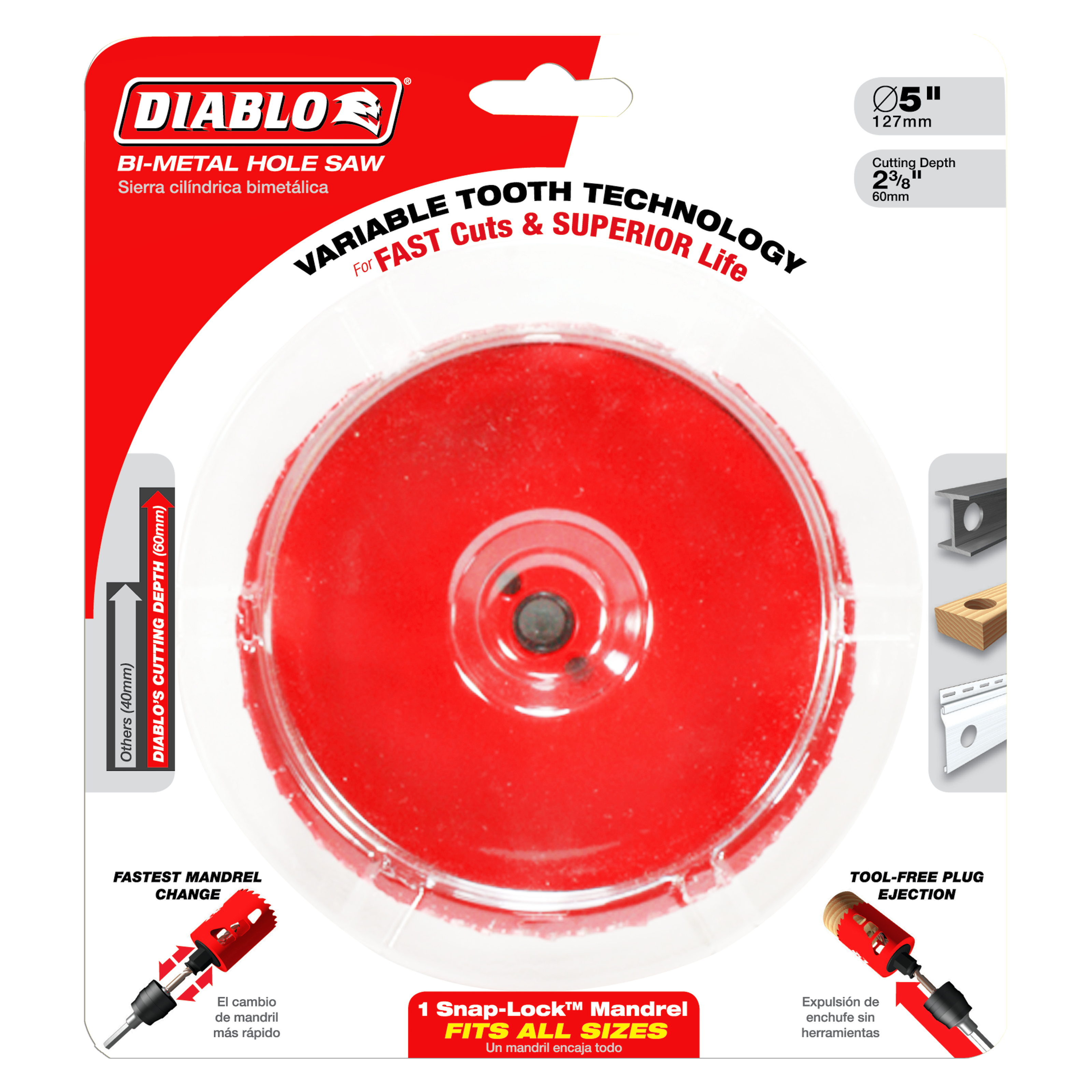 Red bi-metal hole saw with variable tooth technology, 5 inch diameter, 2 3/8 inch cutting depth.