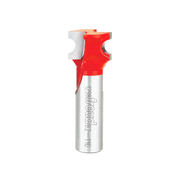 Red and silver Freud router bit with half-round cutting head and cylindrical shank.