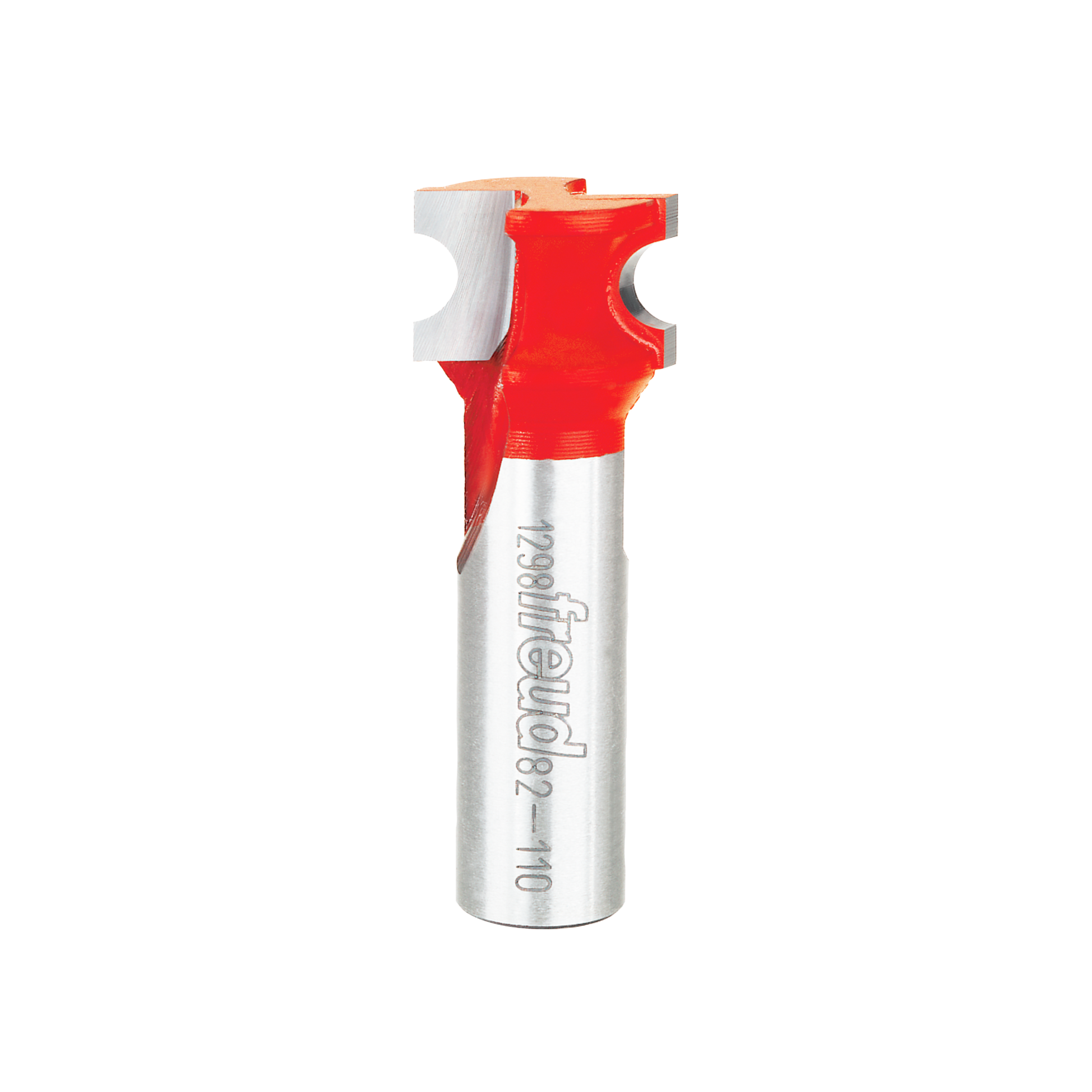 Red and silver Freud router bit with half-round cutting head and cylindrical shank.