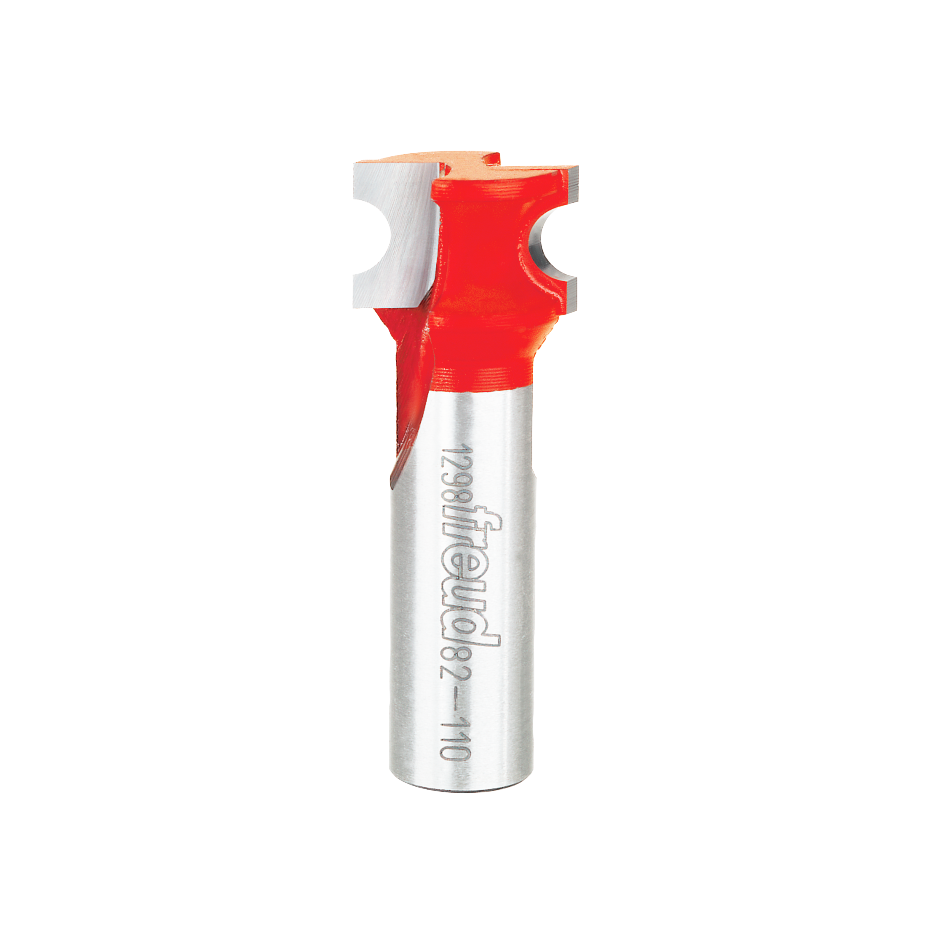 Red and silver Freud router bit with half-round cutting head and cylindrical shank.