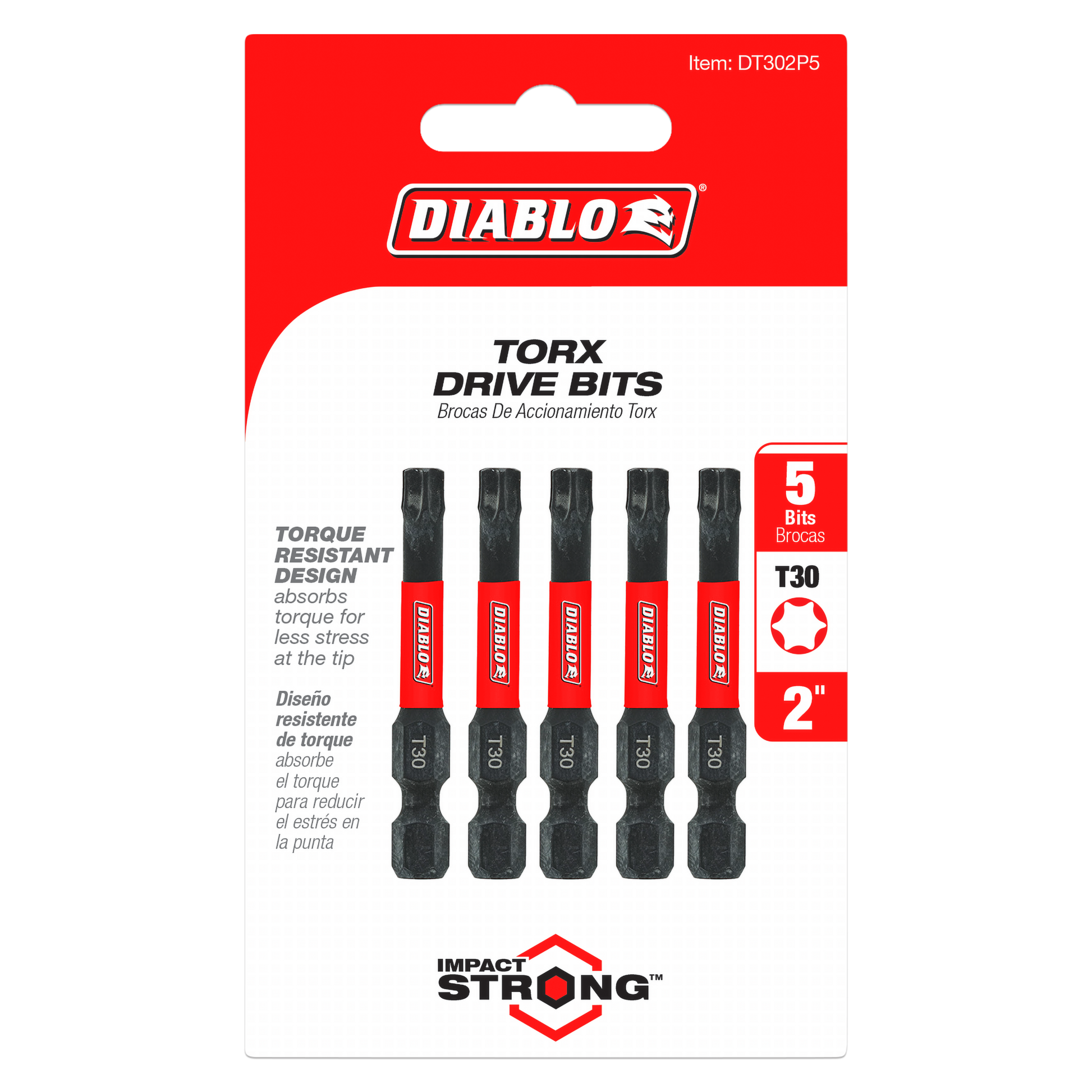 Five black and red Diablo #30 Torx drive bits, 2 inches long, displayed on red packaging.