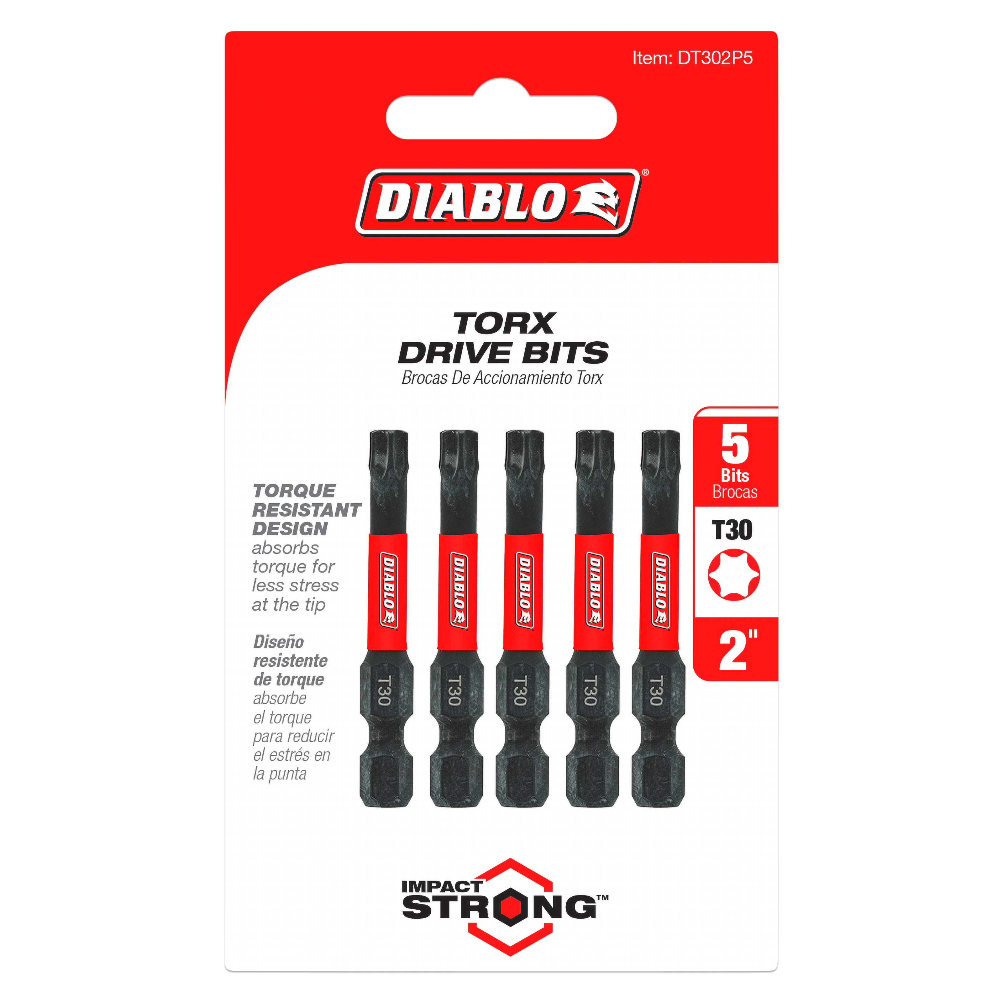 Five black and red Diablo #30 Torx drive bits, 2 inches long, displayed on red packaging.