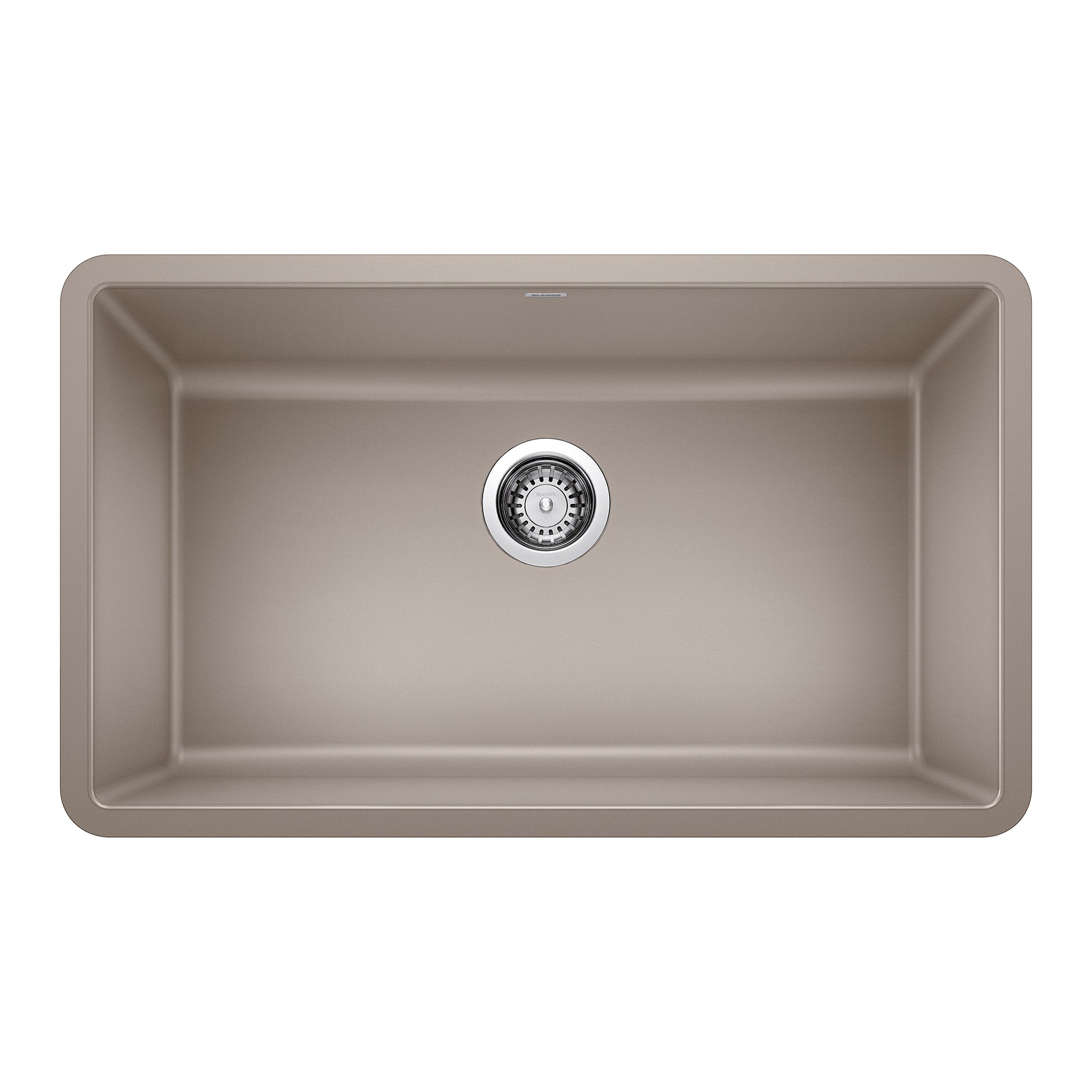 Truffle-colored single undermount kitchen sink with rounded corners and chrome drain strainer viewed from above.