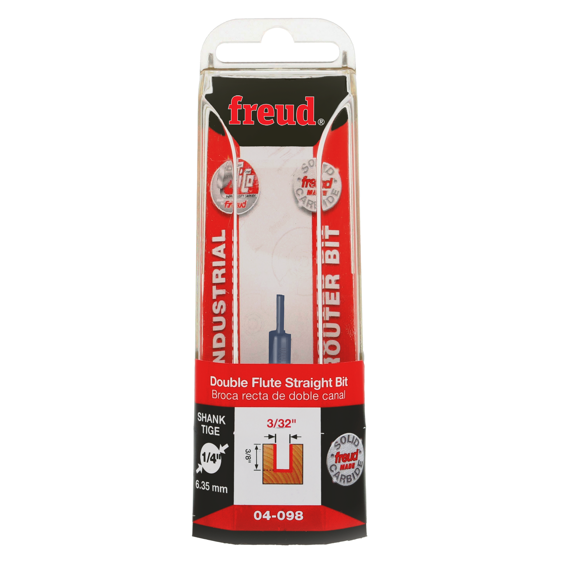 Freud 3/32" double flute straight router bit in retail packaging with 1/4" shank and specification details.