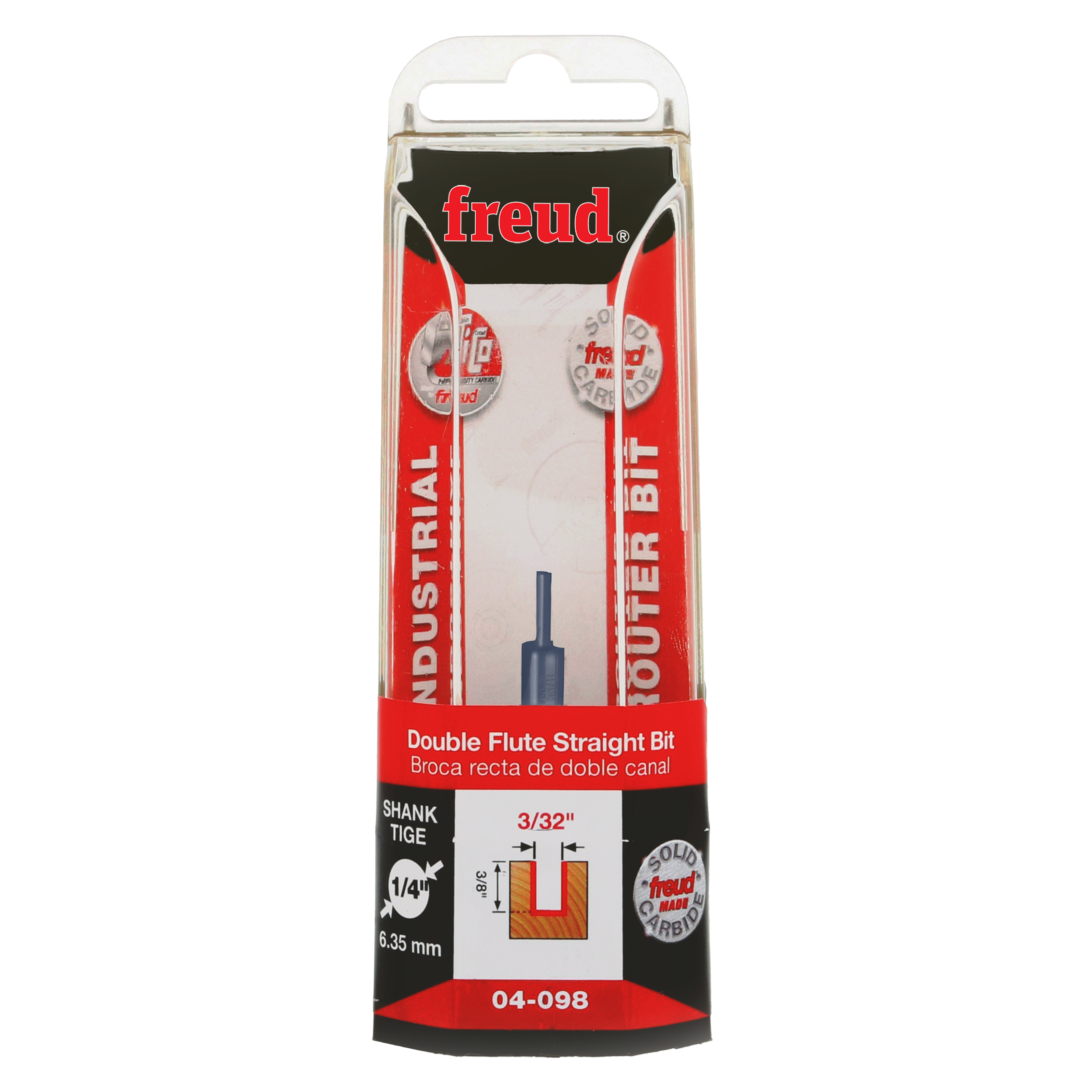 Freud 3/32" double flute straight router bit in retail packaging with 1/4" shank and specification details.
