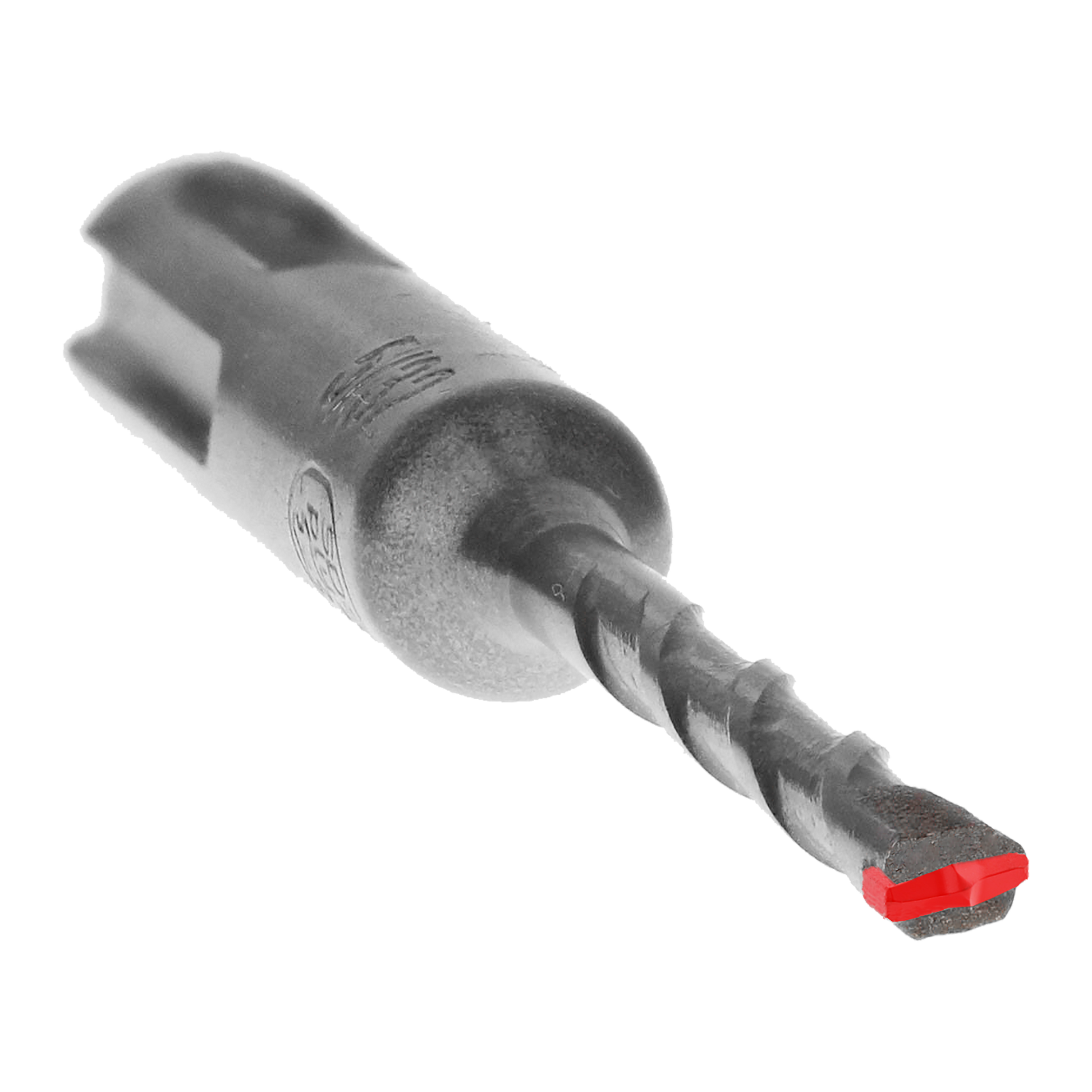 SDS-Plus masonry drill bit with gray cylindrical body, spiral flutes, and red cutting tip.