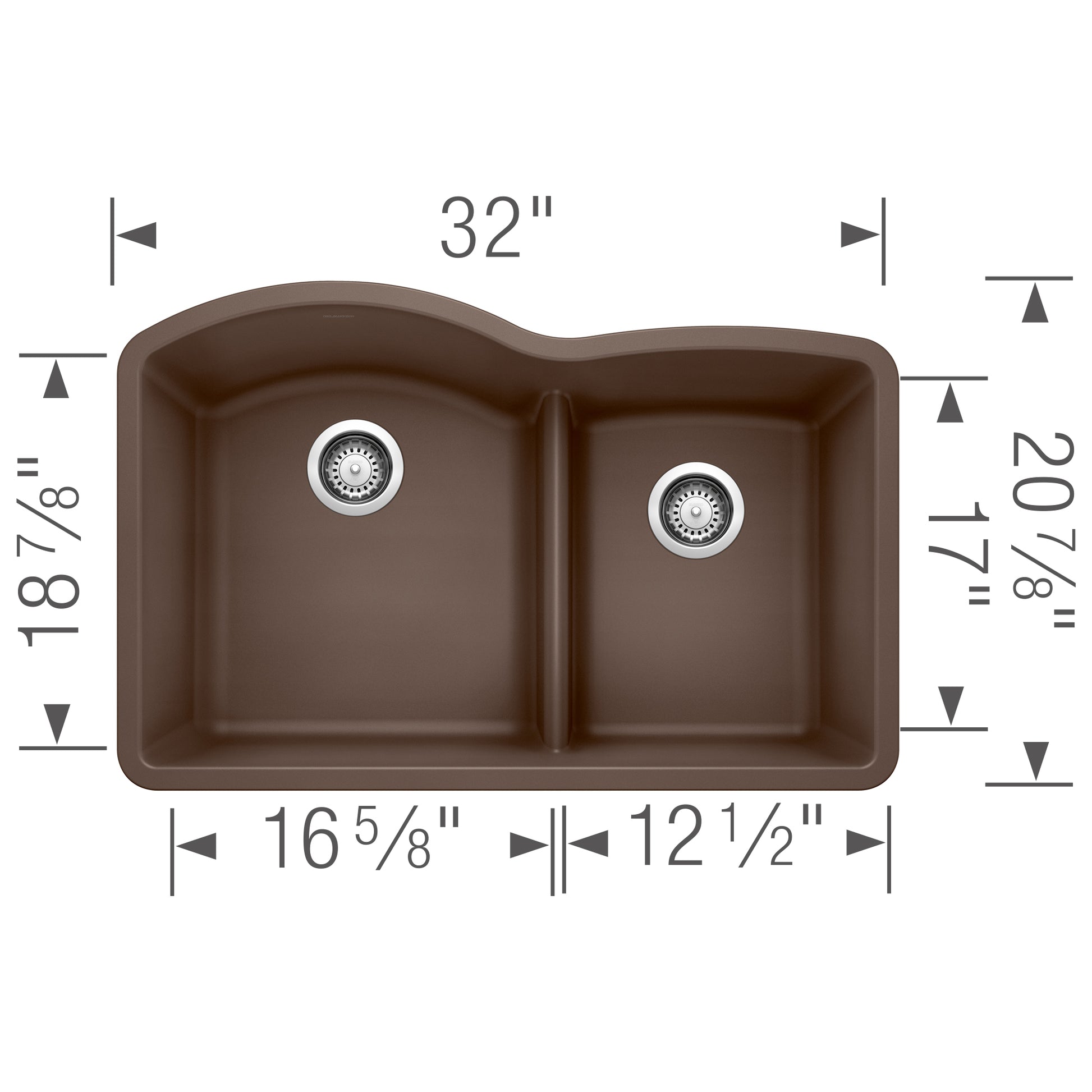 Cafe brown undermount double-bowl kitchen sink with low divide, 32 inches wide, dimensions labeled.