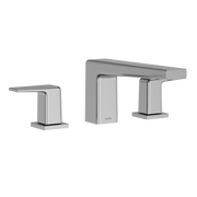 Polished chrome two-handle deck-mount roman tub filler with squared handles and center spout.