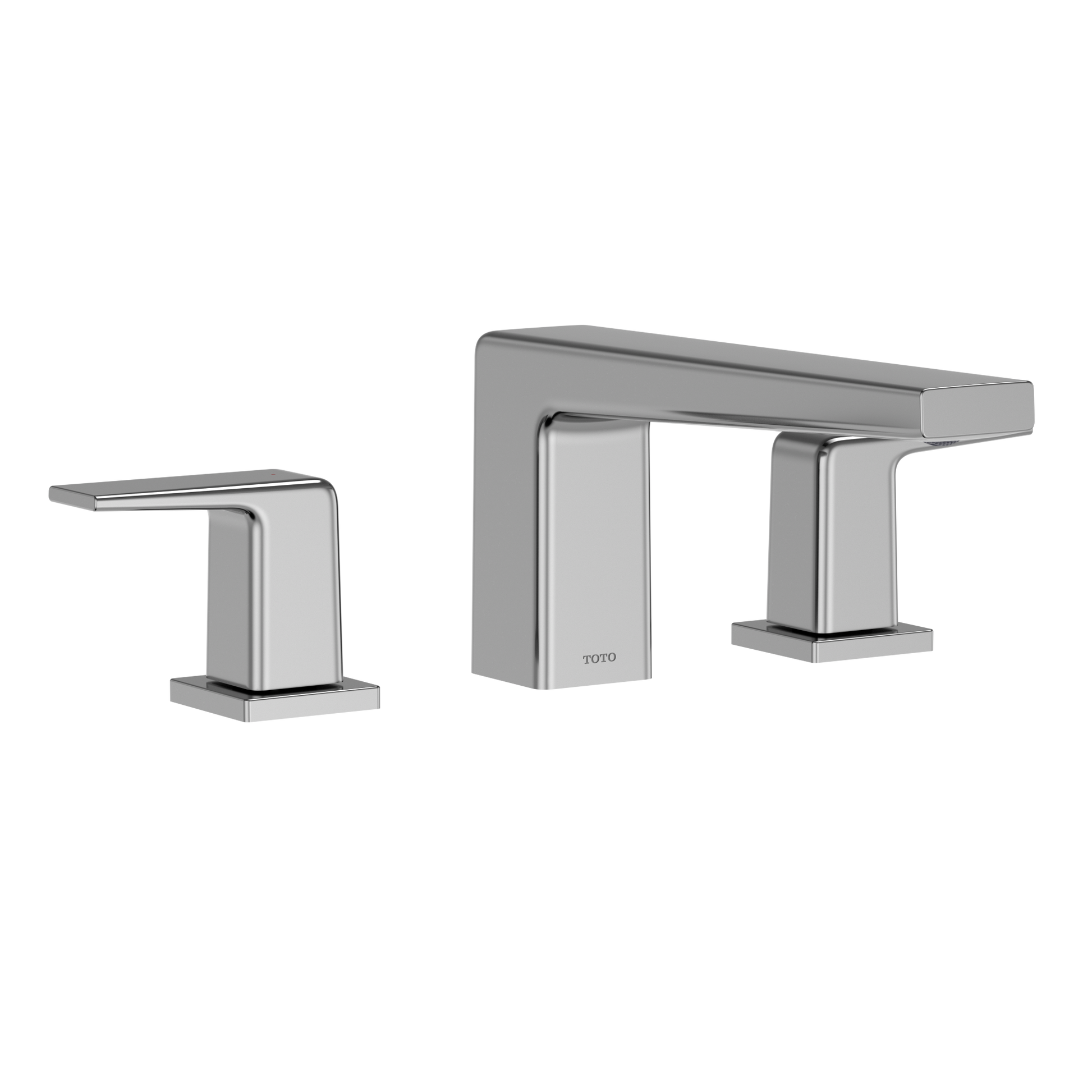 Polished chrome two-handle deck-mount roman tub filler with squared handles and center spout.