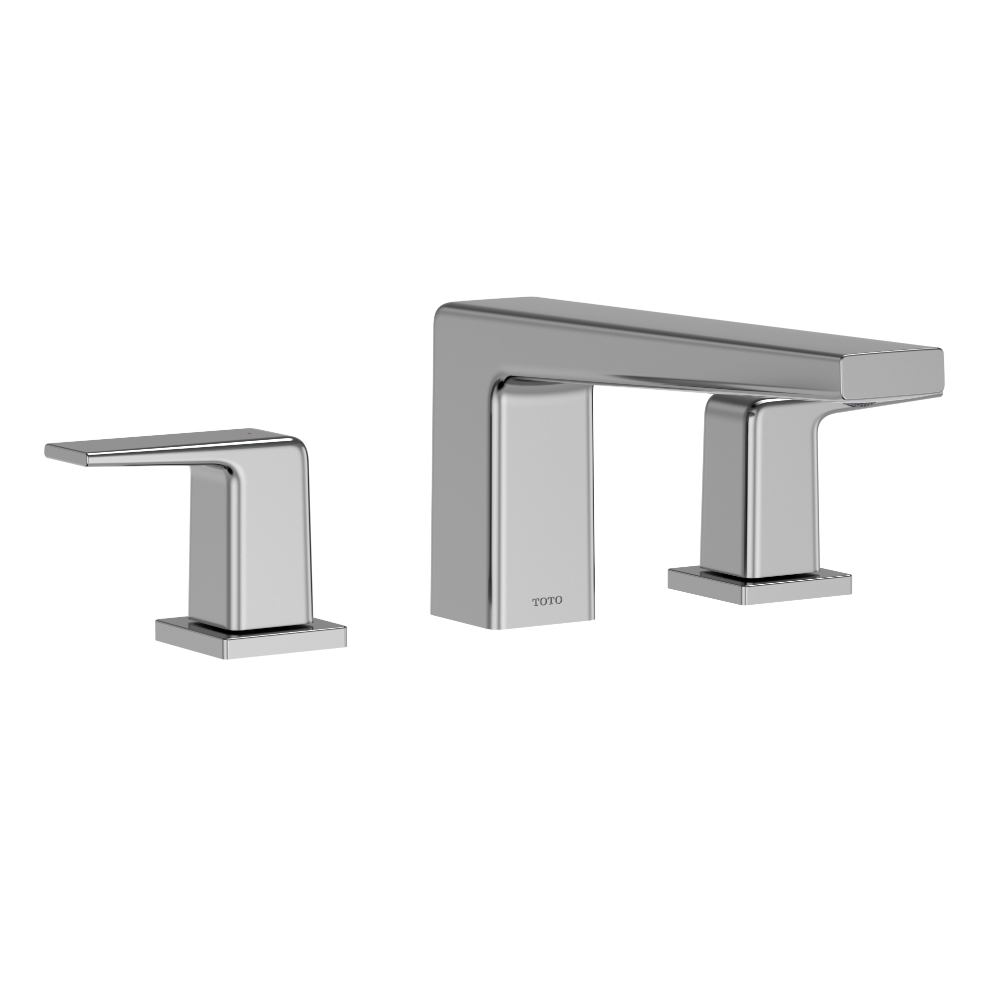 Polished chrome two-handle deck-mount roman tub filler with squared handles and center spout.