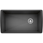 Anthracite single bowl undermount kitchen sink with chrome drain strainer viewed from above.