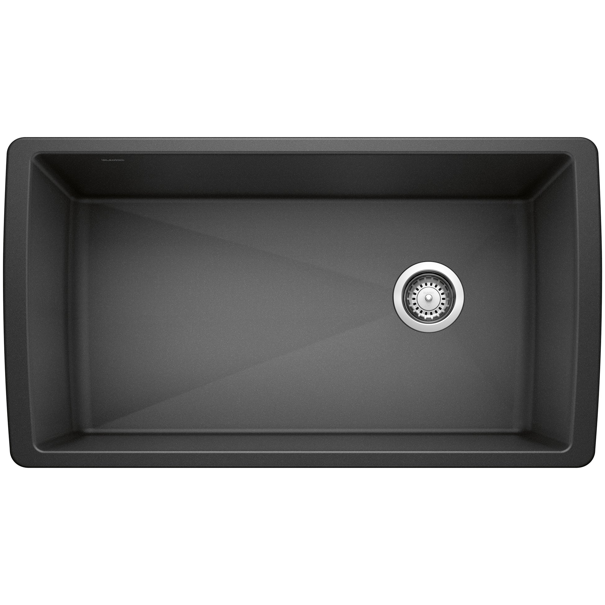 Anthracite single bowl undermount kitchen sink with chrome drain strainer viewed from above.