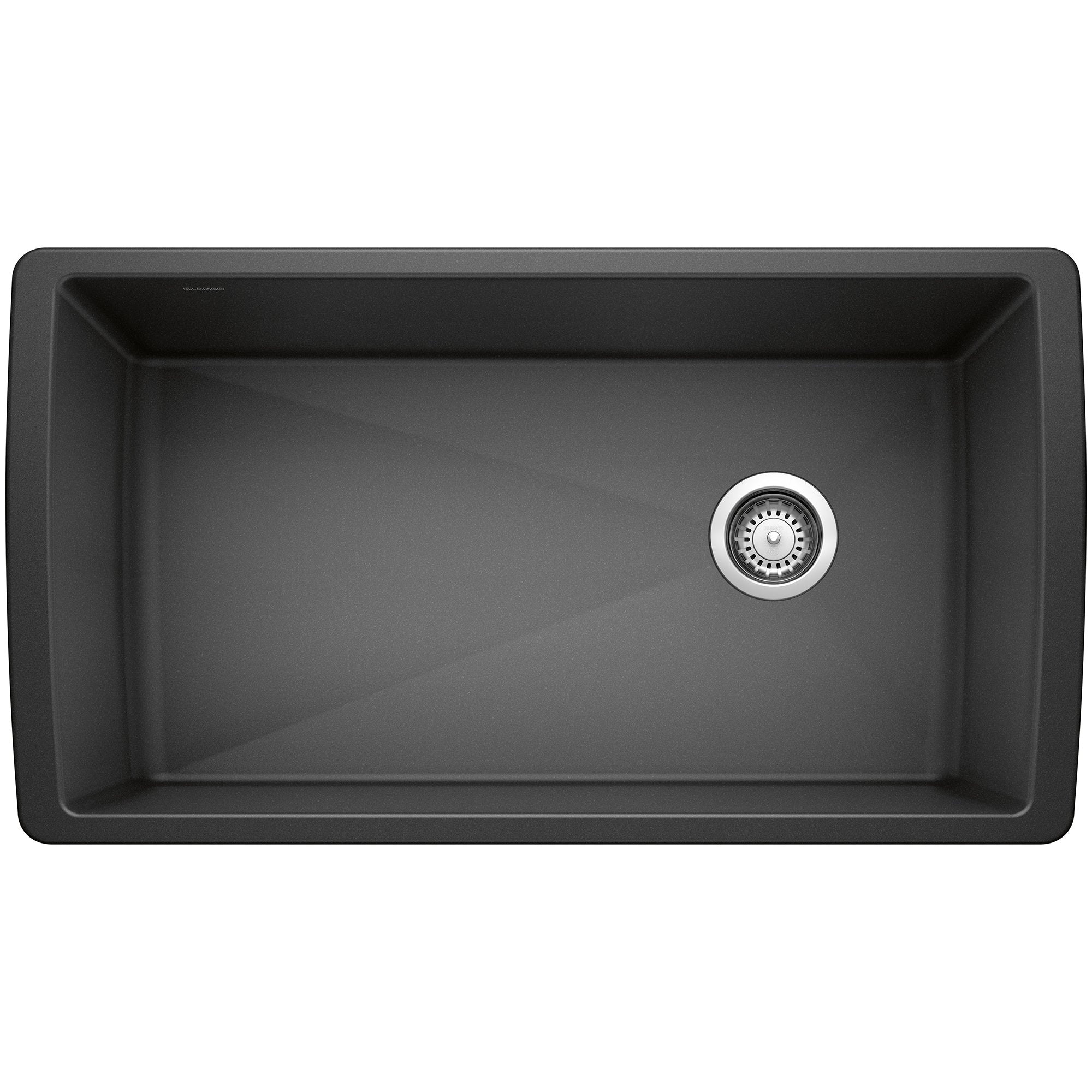 Anthracite single bowl undermount kitchen sink with chrome drain strainer viewed from above.