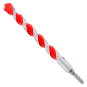 Red and gray carbide-tipped hammer drill bit with spiral flutes and cylindrical shank.