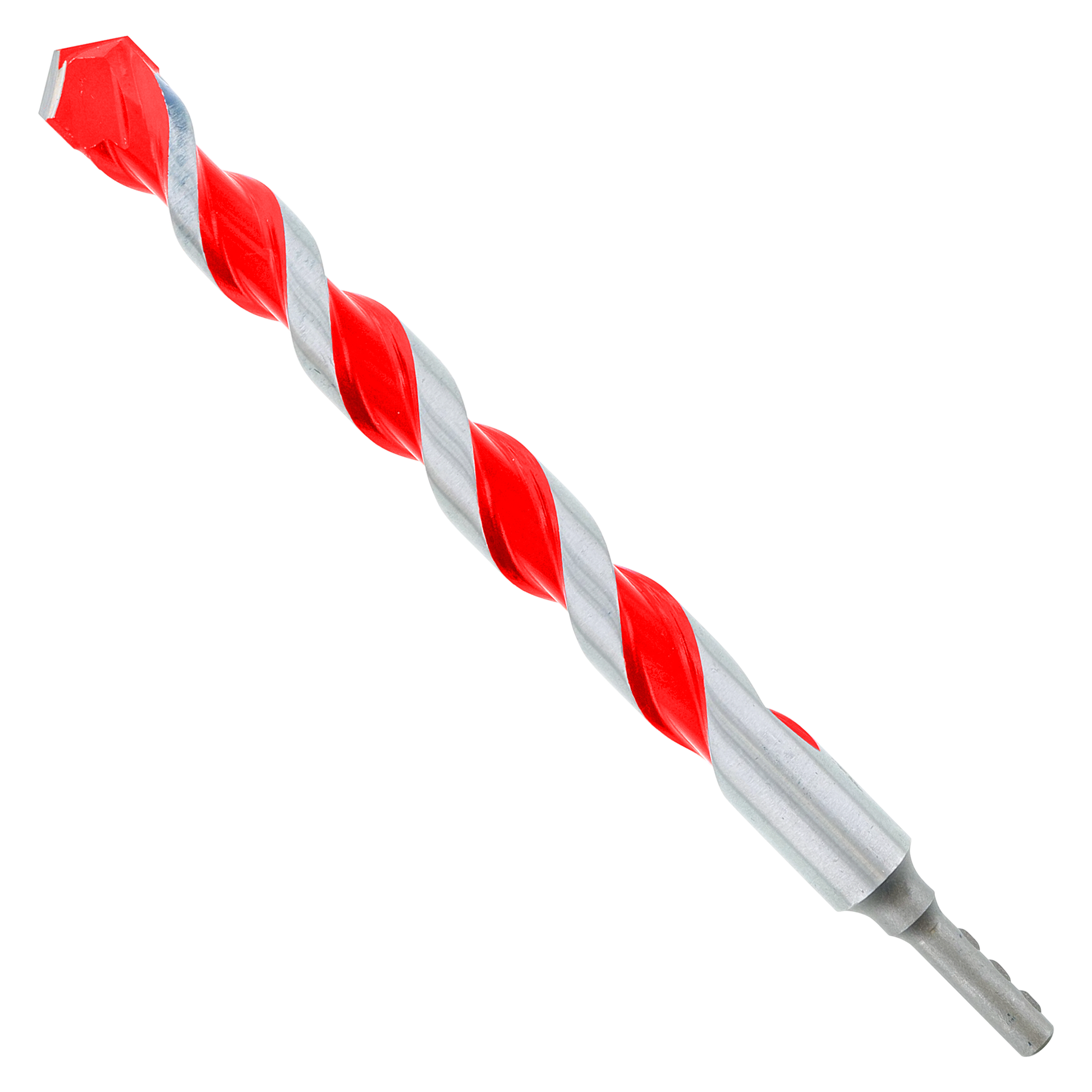 Red and gray carbide-tipped hammer drill bit with spiral flutes and cylindrical shank.
