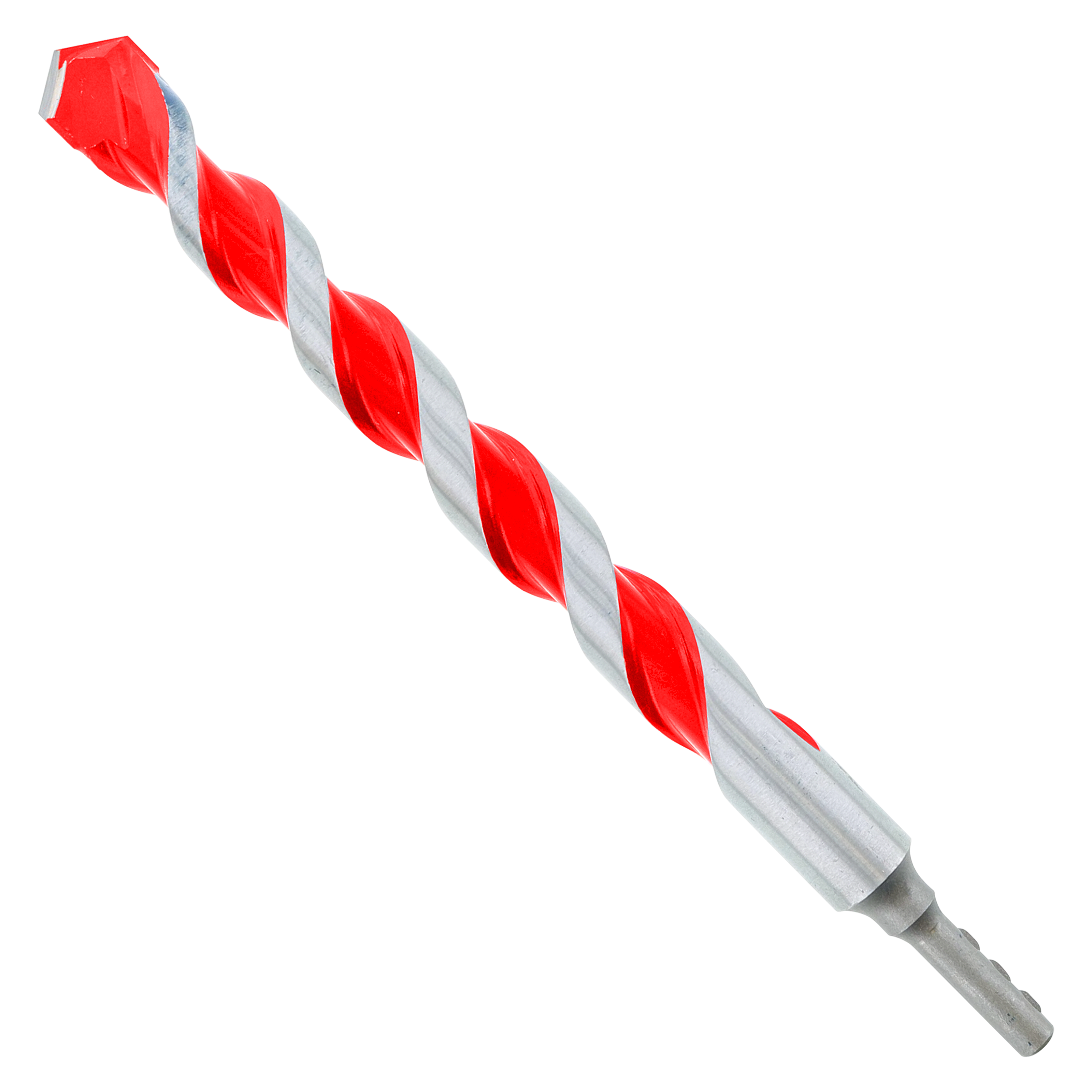 Red and gray carbide-tipped hammer drill bit with spiral flutes and cylindrical shank.