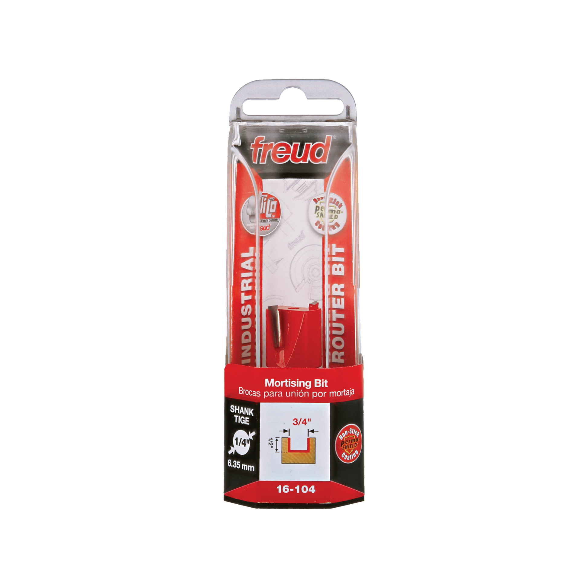 Freud 16-104 mortising bit with 3/4" diameter and 1/4" shank in red and black packaging.
