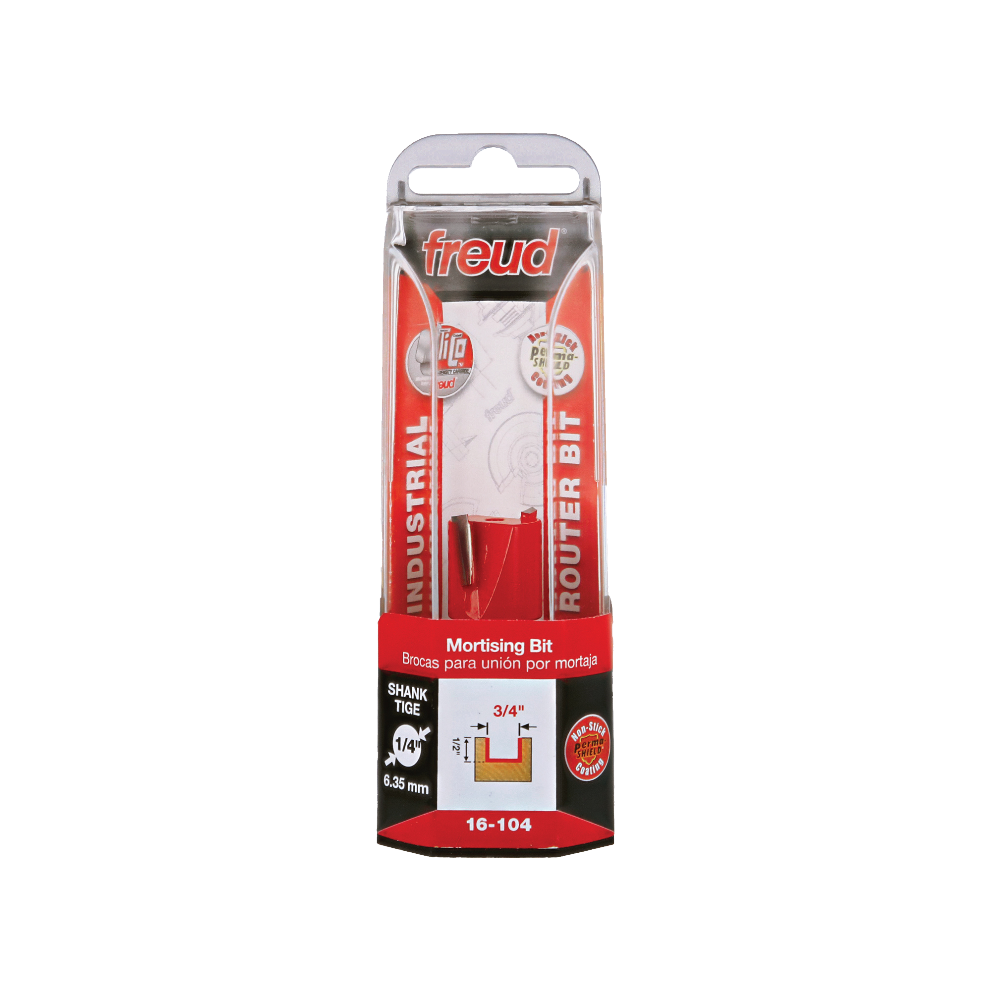 Freud 16-104 mortising bit with 3/4" diameter and 1/4" shank in red and black packaging.