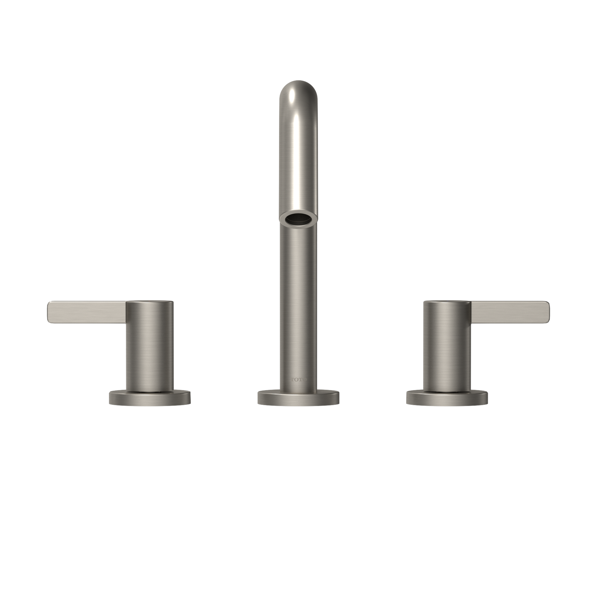 Brushed nickel widespread bathroom sink faucet with tall central spout and two side lever handles.