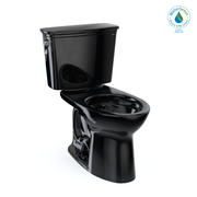 Black two-piece elongated toilet with tank and bowl separated, seat not included.