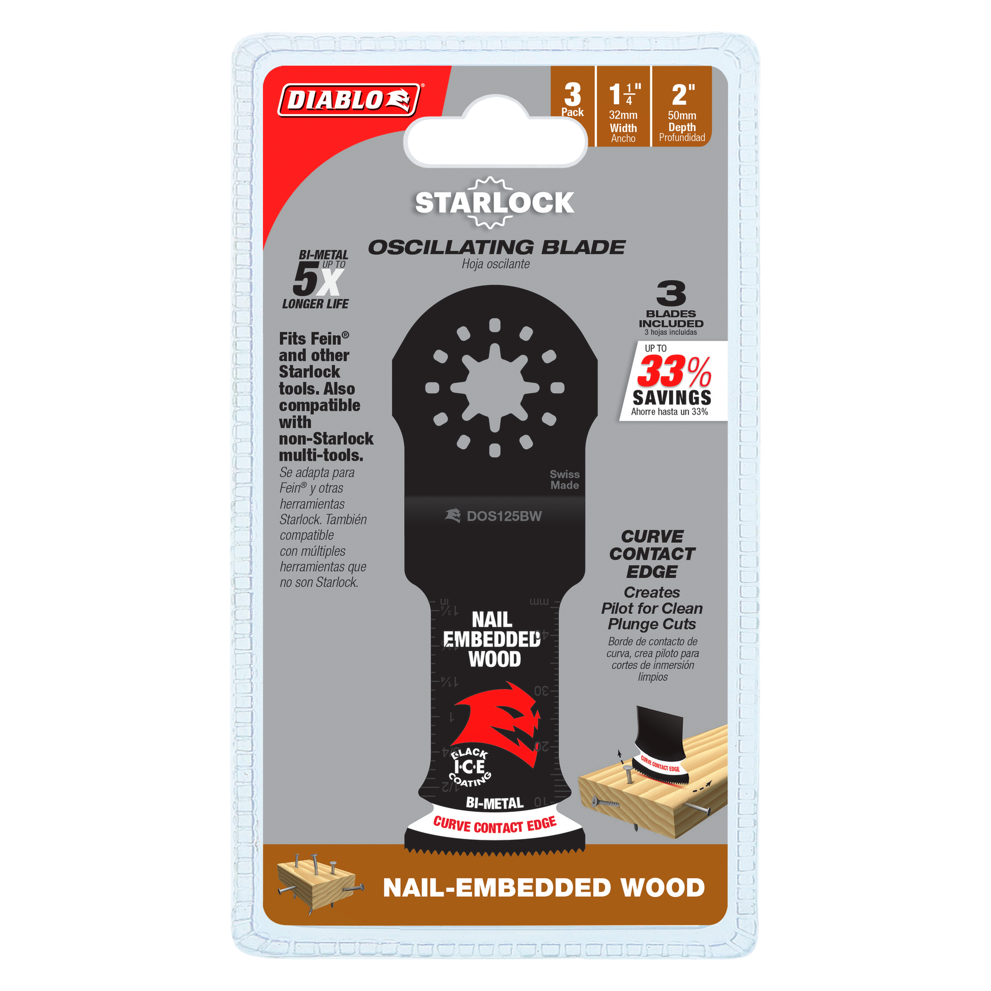 Diablo Starlock bi-metal oscillating blade with curved contact edge in retail packaging, 3-pack included.
