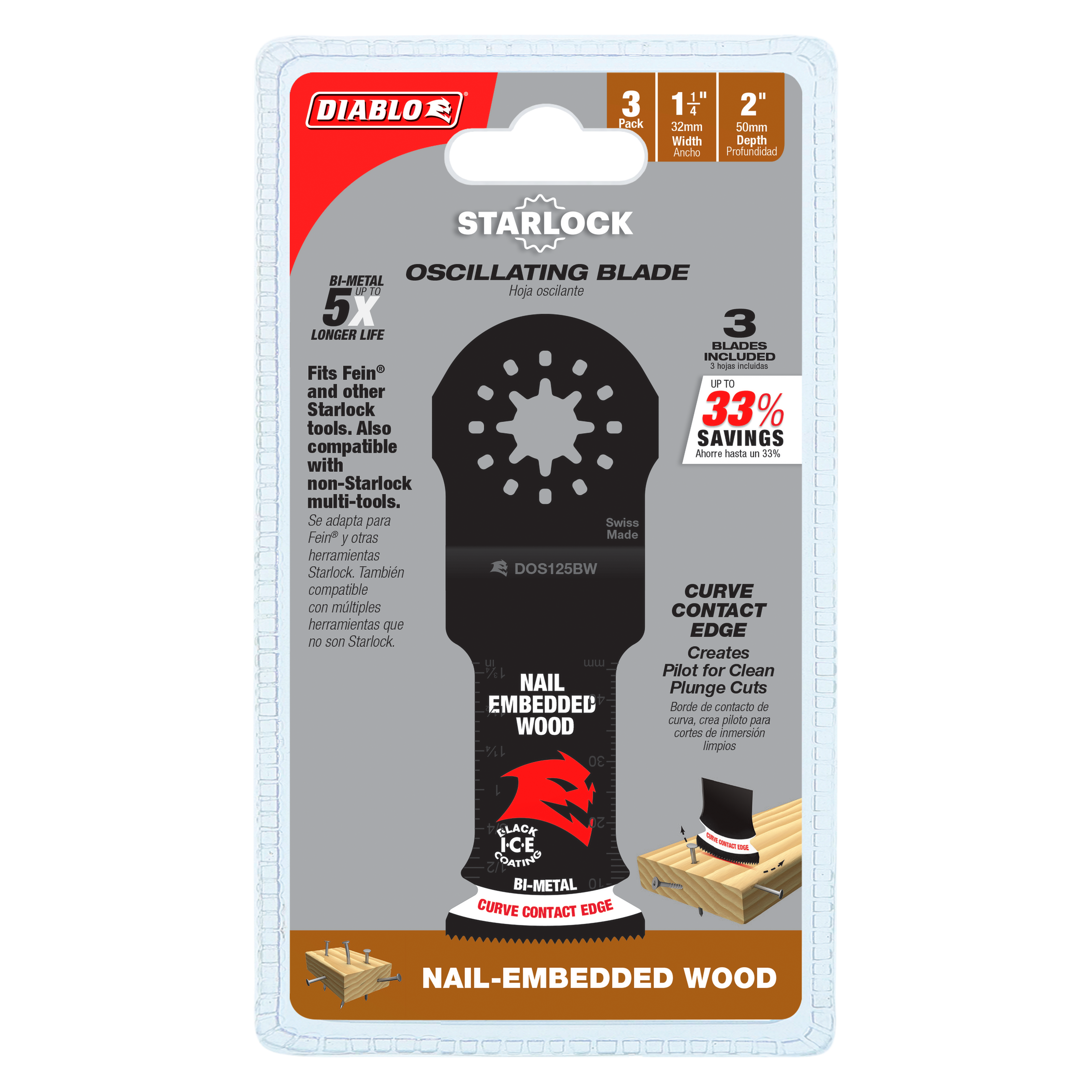 Diablo Starlock bi-metal oscillating blade with curved contact edge in retail packaging, 3-pack included.