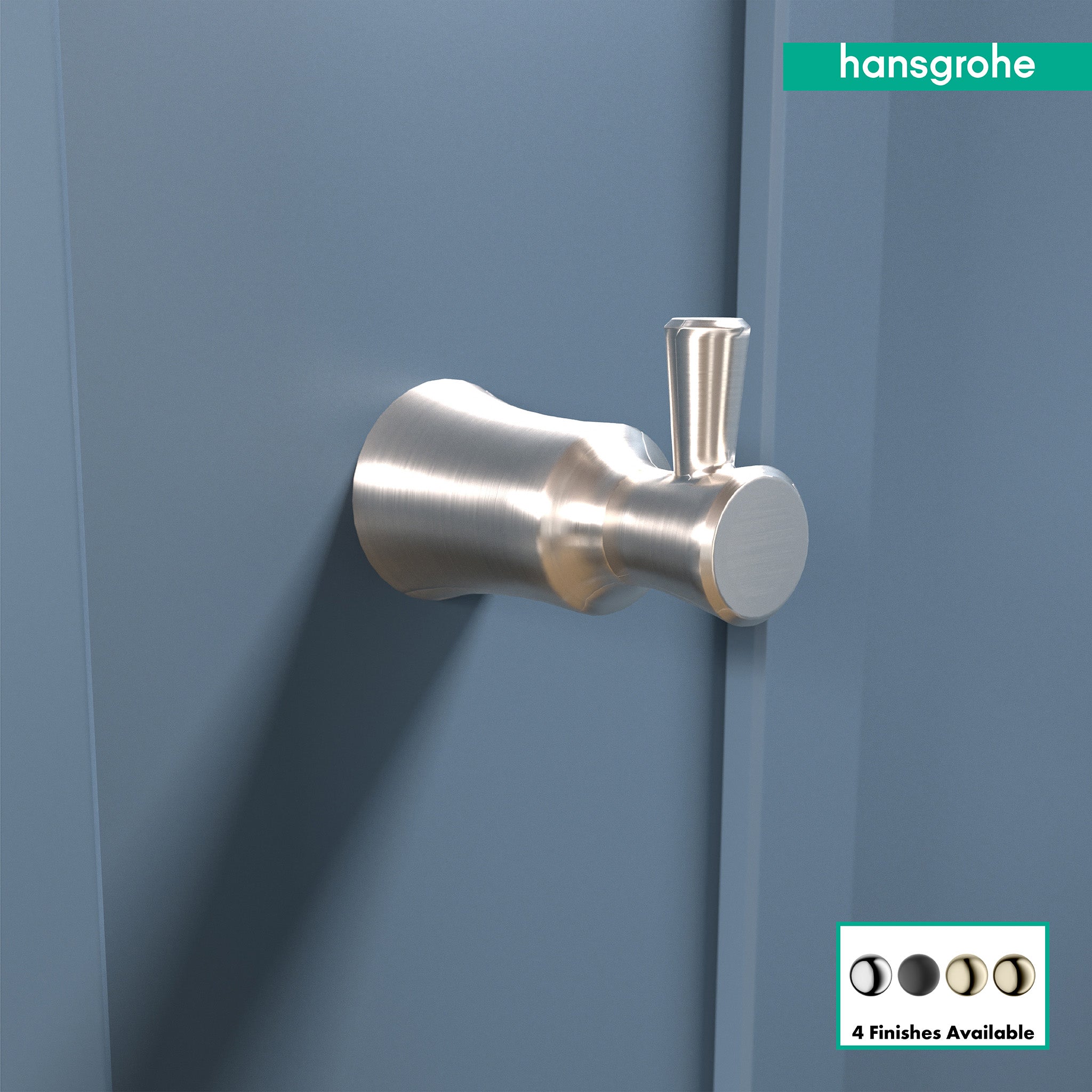 Brushed nickel wall-mounted hook with cylindrical vertical post mounted on blue wall.