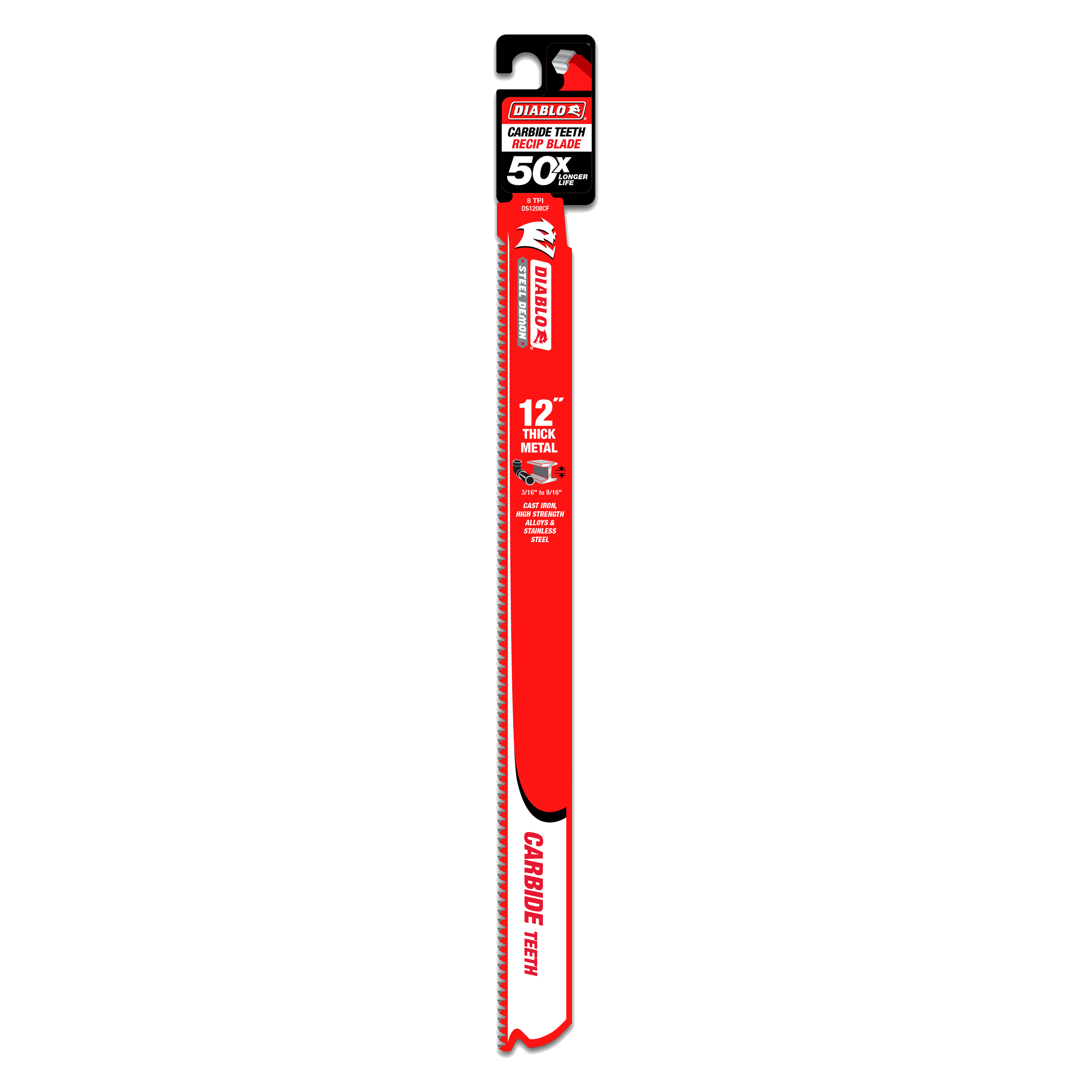 Diablo 12-inch carbide tooth reciprocating saw blade with red packaging and black header label for thick metal cutting.