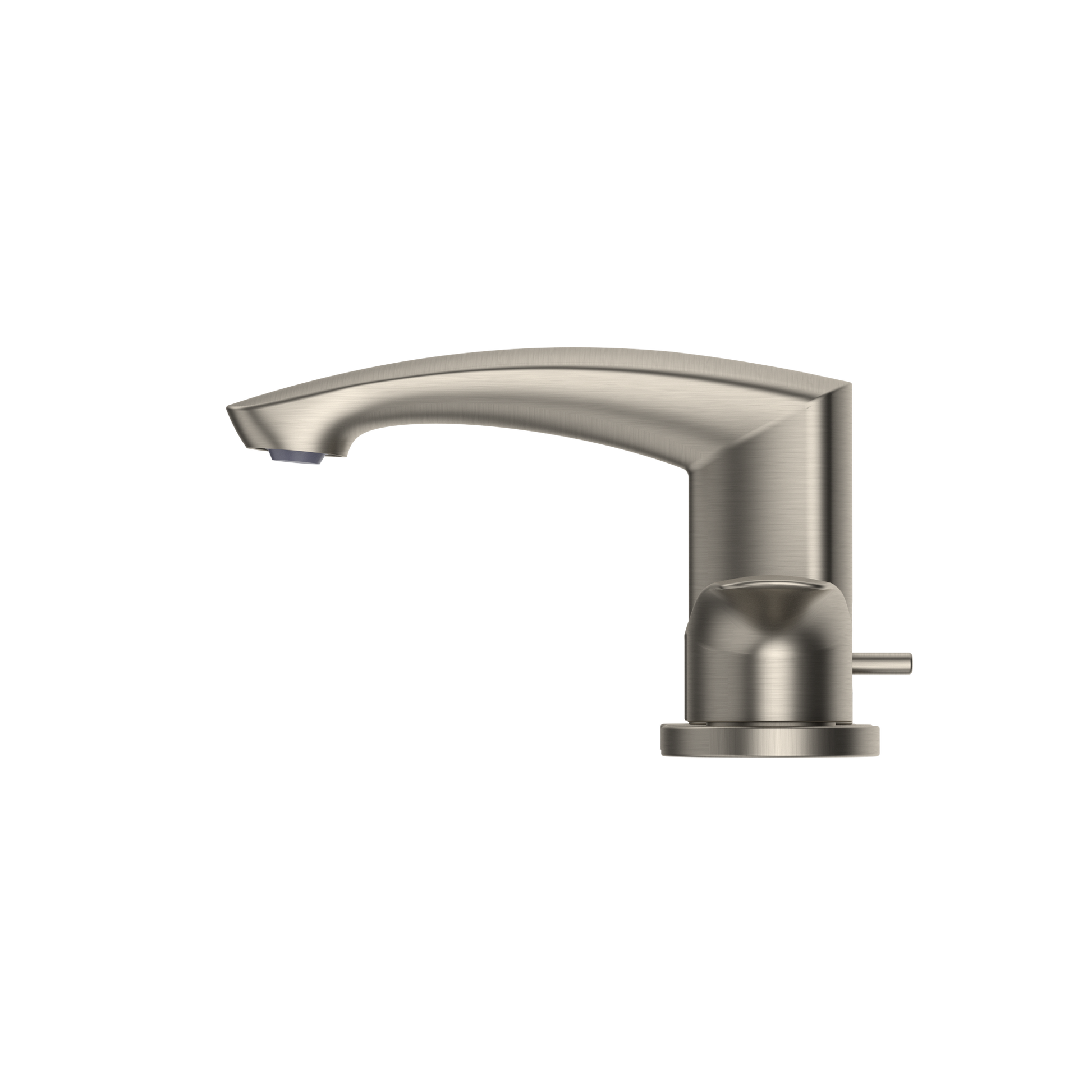 Brushed nickel bathroom sink faucet with curved spout and single control handle.