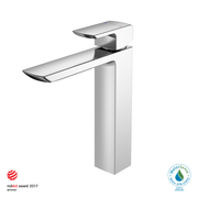 Polished chrome single-handle vessel faucet with curved spout and tall rectangular body.