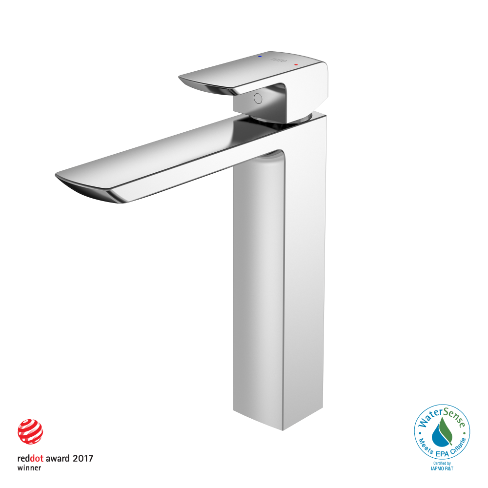 Polished chrome single-handle vessel faucet with curved spout and tall rectangular body.