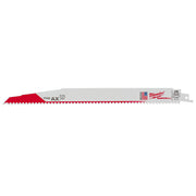 Milwaukee The Ax 12-inch SAWZALL blade with red cutting edge and gray body with branding.