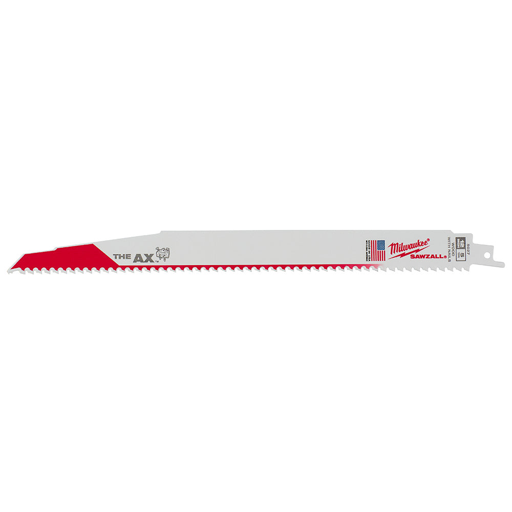Milwaukee The Ax 12-inch SAWZALL blade with red cutting edge and gray body with branding.