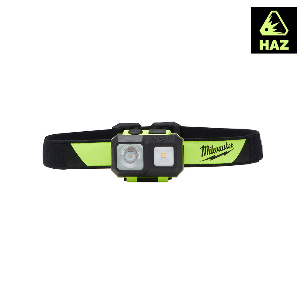 Black and neon yellow Milwaukee headlamp with dual LED lights and elastic head strap.