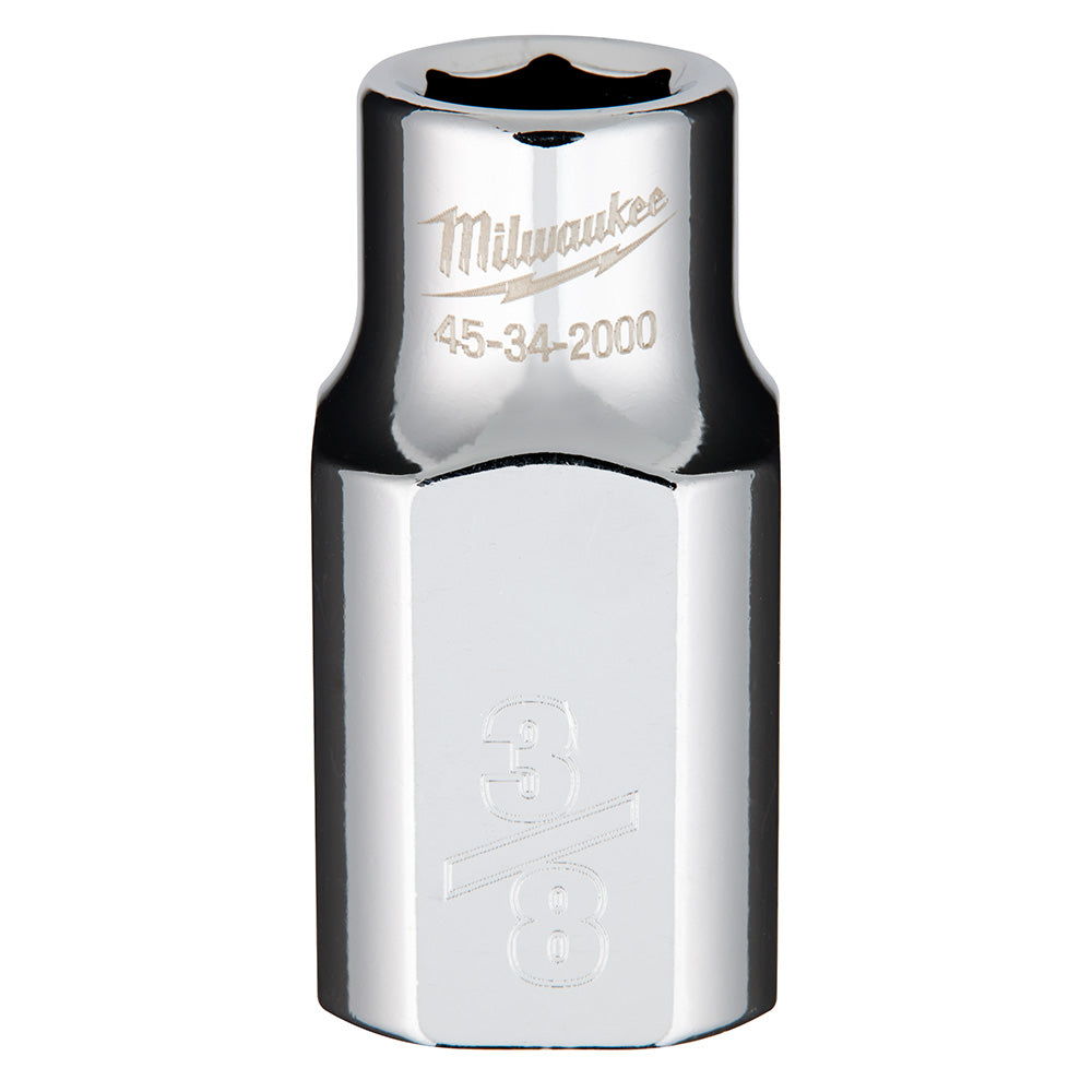Milwaukee chrome socket with 1/2" drive and 3/8" hex opening, model 45-34-2000 engraved on barrel.