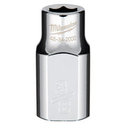 Milwaukee chrome socket with 1/2" drive and 3/8" hex opening, model 45-34-2000 engraved on barrel.