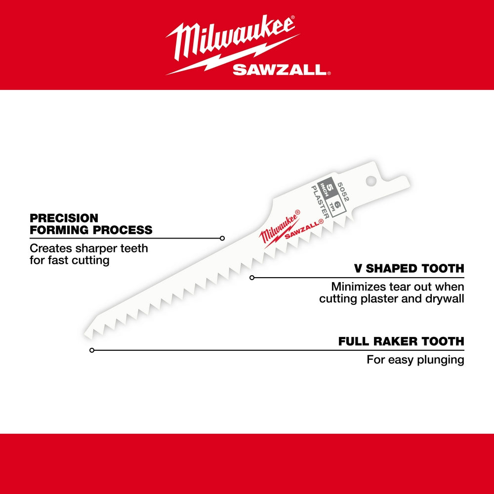 Five-inch Milwaukee SAWZALL plaster blades with V-shaped teeth and full raker tooth design for cutting drywall.